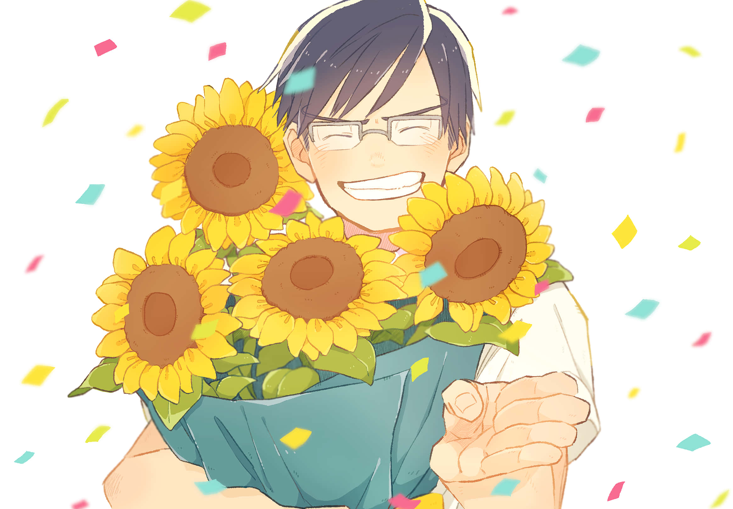 Tenya Iida 桌布 壁紙 — 一個戴眼鏡的開心動畫男孩，捧著一大束向日葵，臉上洋溢著笑容，周圍有彩色紙屑飄落。