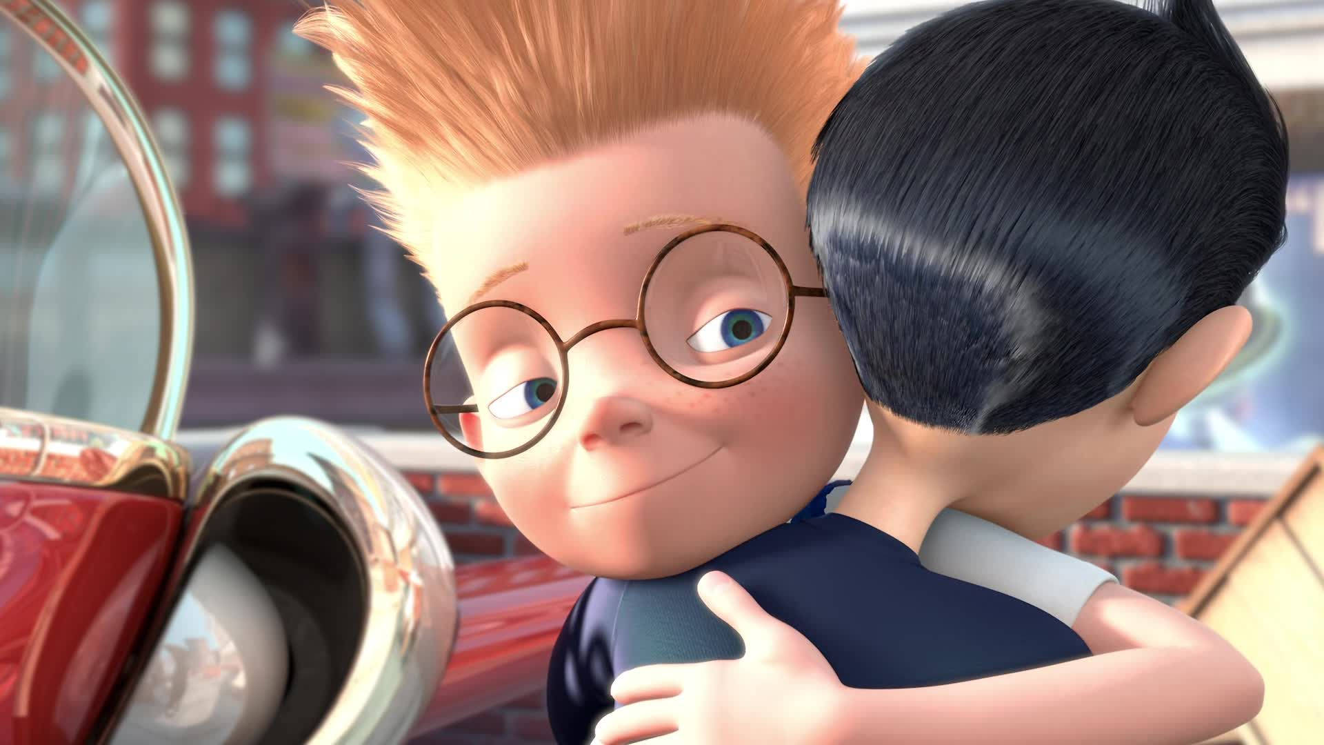 meet the robinsons 桌布 壁紙 — 一個戴眼鏡的開心動畫男孩在閃亮的紅色復古車旁邊擁抱另一個男孩。
