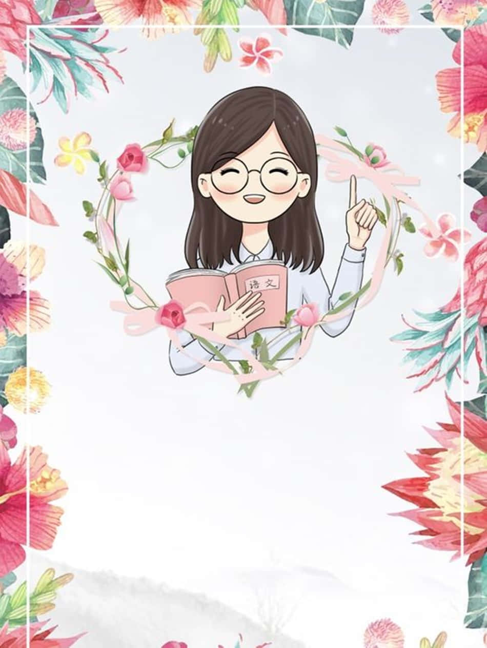 teachers 桌布 壁紙 — 一個戴眼鏡的開朗動畫女孩，拿著一本標有「语文」的粉紅色書本，周圍環繞著充滿活力的花環。