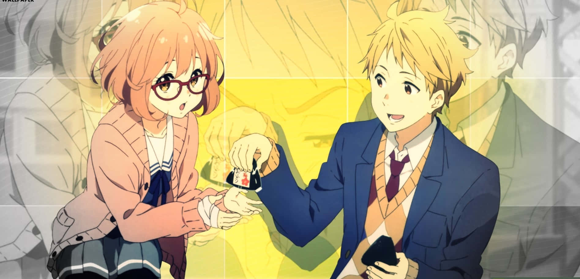 Mirai 桌布 壁紙 — 一個戴眼鏡的開朗動畫女孩和一個穿校服的男孩在溫暖的金色燈光下分享壽司卷。