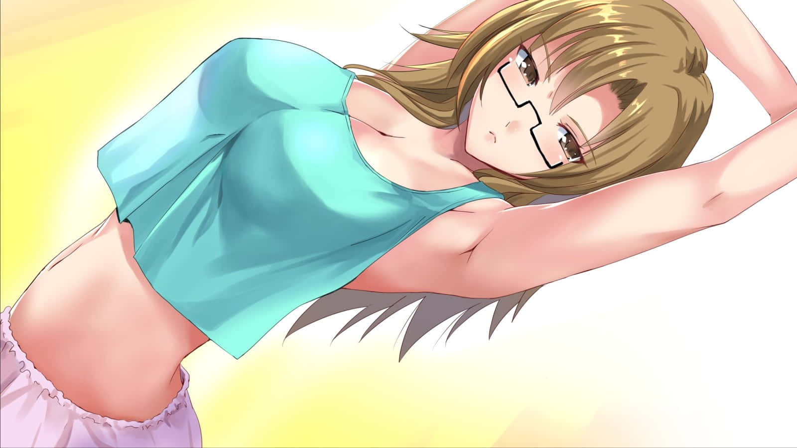 Moeka Kiryu 桌布 壁紙 — 一個戴眼鏡的開朗動畫女孩在明亮的黃色光芒中懶洋洋地伸展，穿著青綠色上衣和粉紅色短褲。