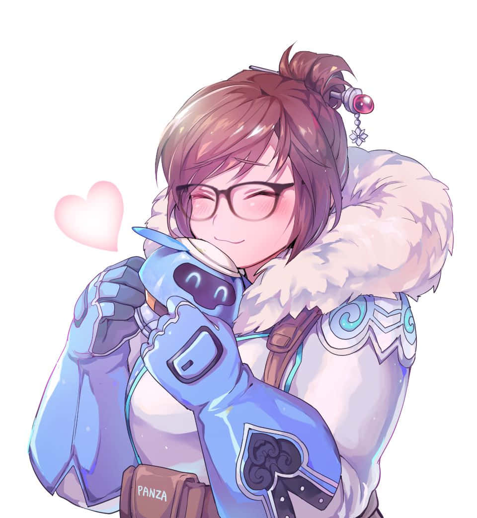 Overwatch Mei 桌布 壁紙 — 一個戴眼鏡的開朗動畫女孩擁抱著一個藍色小機器人同伴，一個粉紅色的心形在他們旁邊漂浮。