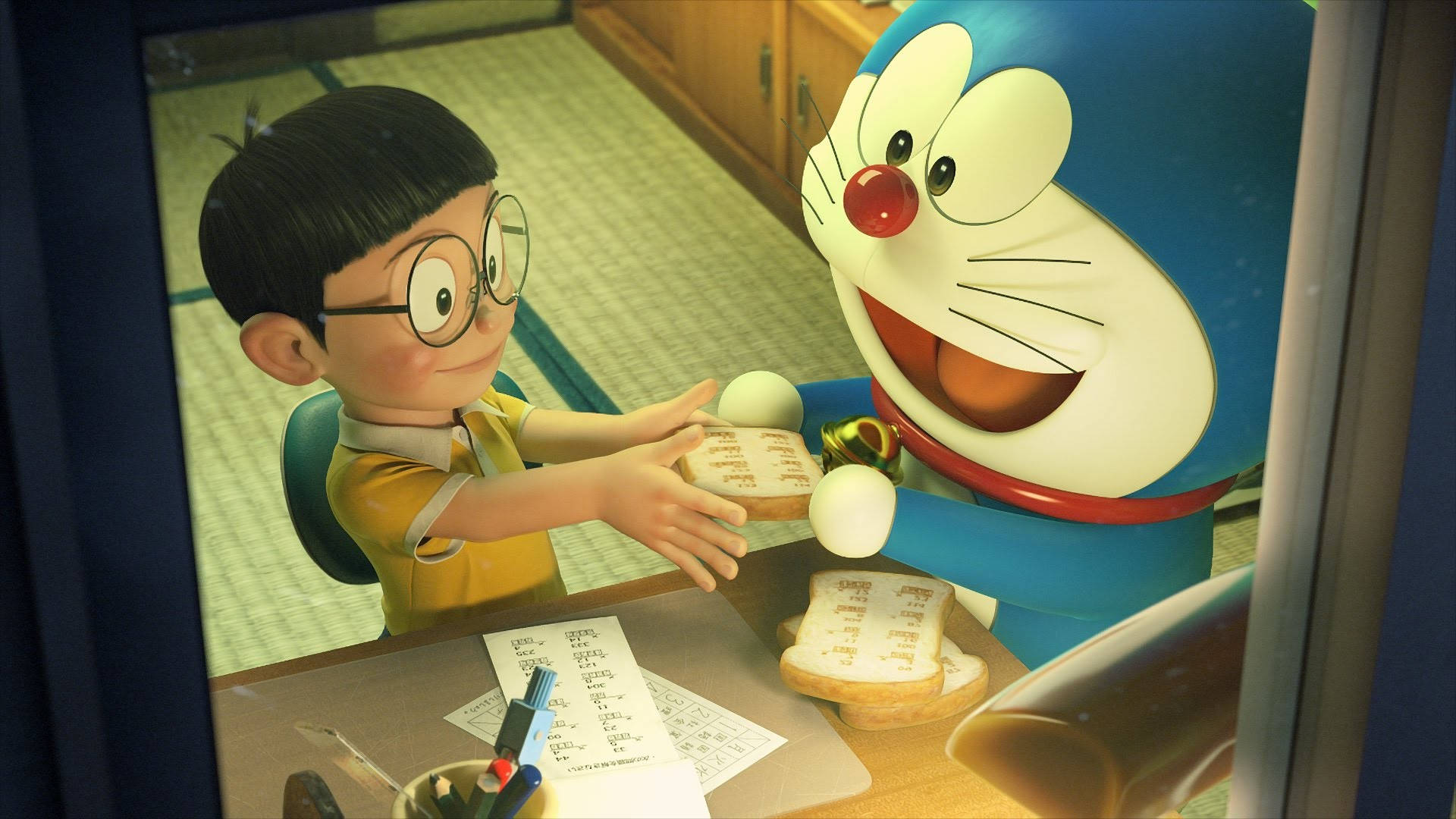 Doraemon 桌布 壁紙 — 一個戴眼鏡的開朗男孩在舒適的日本廚房裡與微笑的藍色機器貓分享吐司。