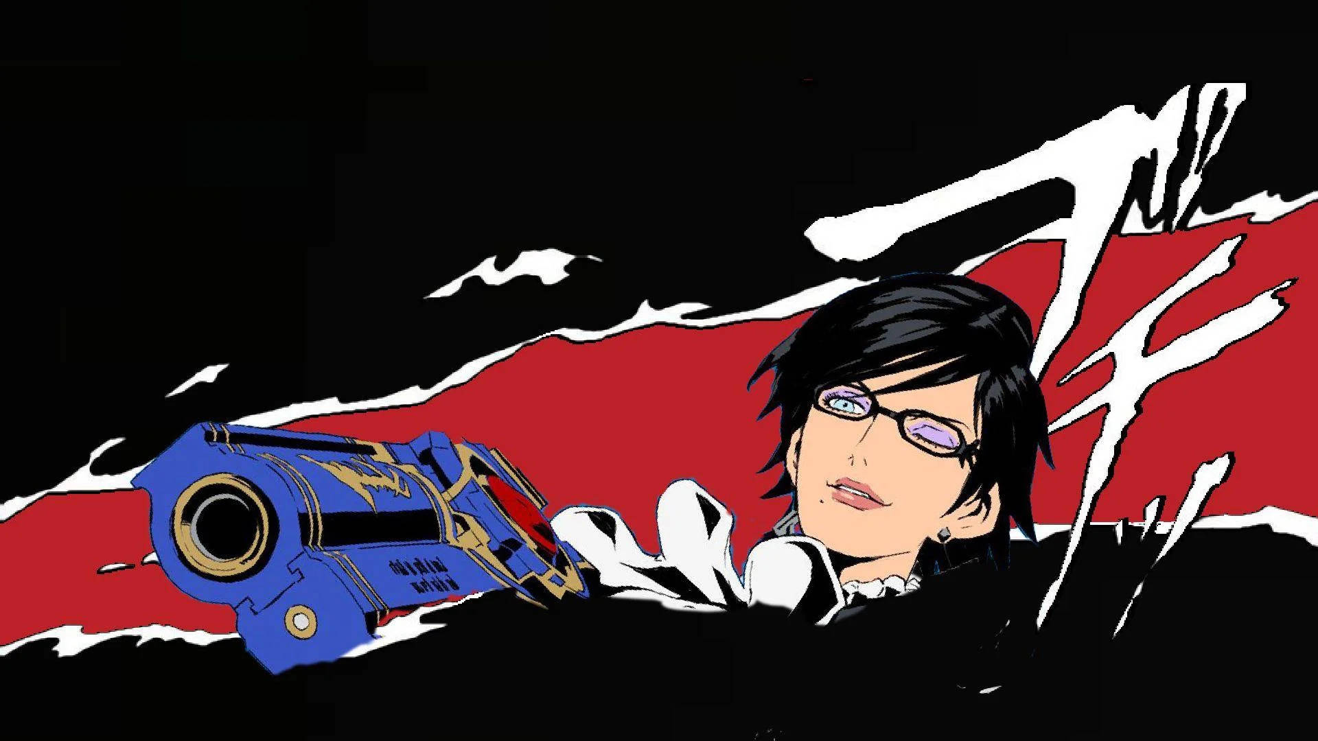Bayonetta 桌布 壁紙 — 一個戴眼鏡的風格化動漫角色，在帶有動態白色筆觸的大膽紅黑背景上拿著一把藍色槍。