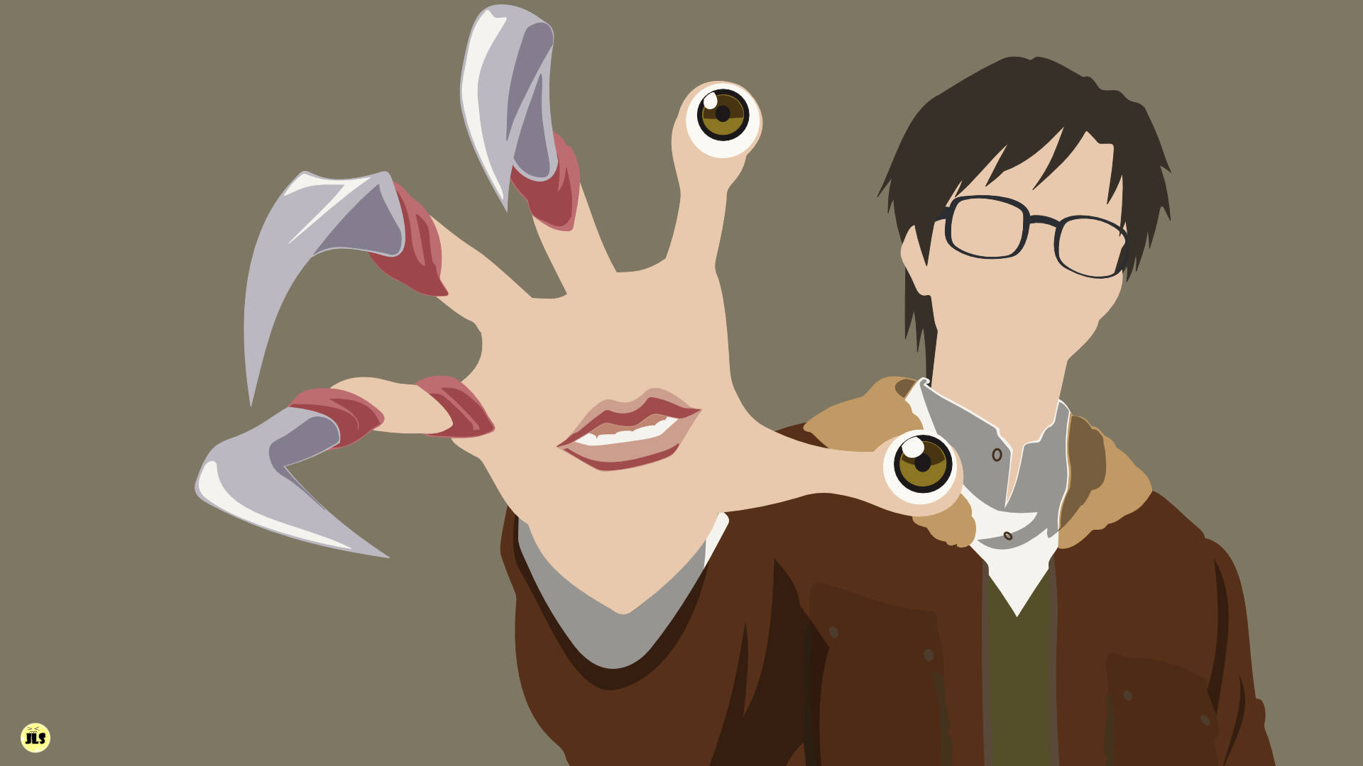 Parasyte 桌布 壁紙 — 一個戴眼鏡的風格化男子舉起一隻帶有爪子和眼球的超現實手掌，好像在展示它。