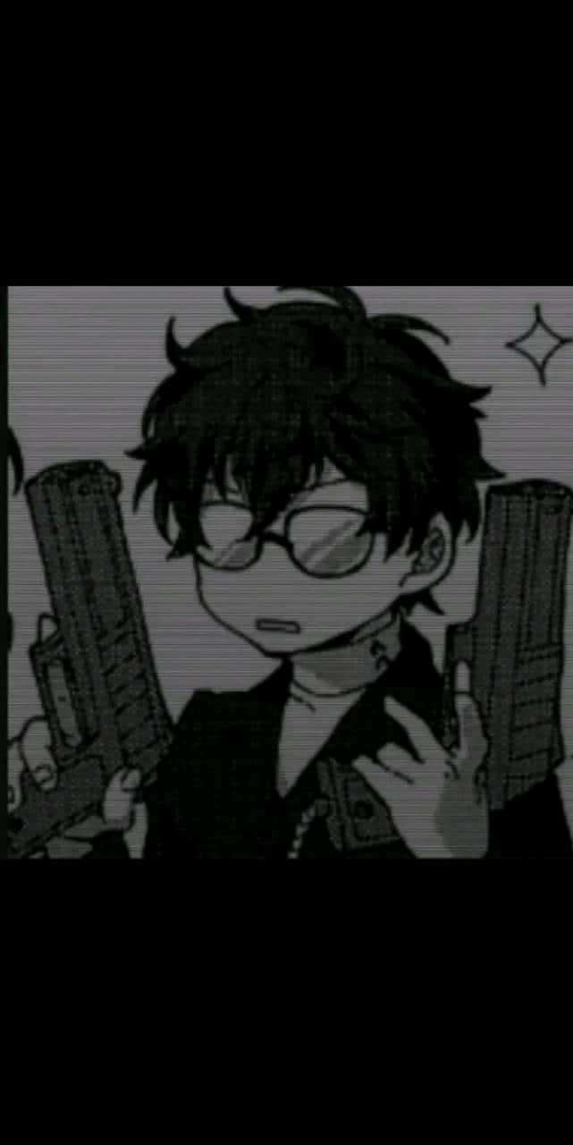 Chill Anime Phone 桌布 壁紙 — 一個戴眼鏡的黑白動漫角色，以粗糙的像素風格手持兩把手槍。