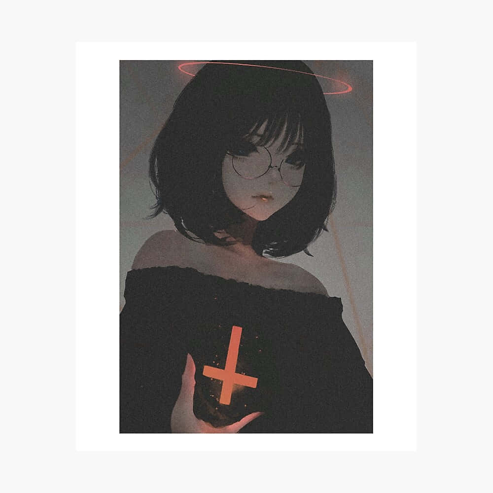 動漫 桌布 壁紙 — 一個戴眼鏡的黑髮動漫女孩，在柔和的灰色背景上，於微弱的紅色光環下拿著一個發光的橙色十字架。