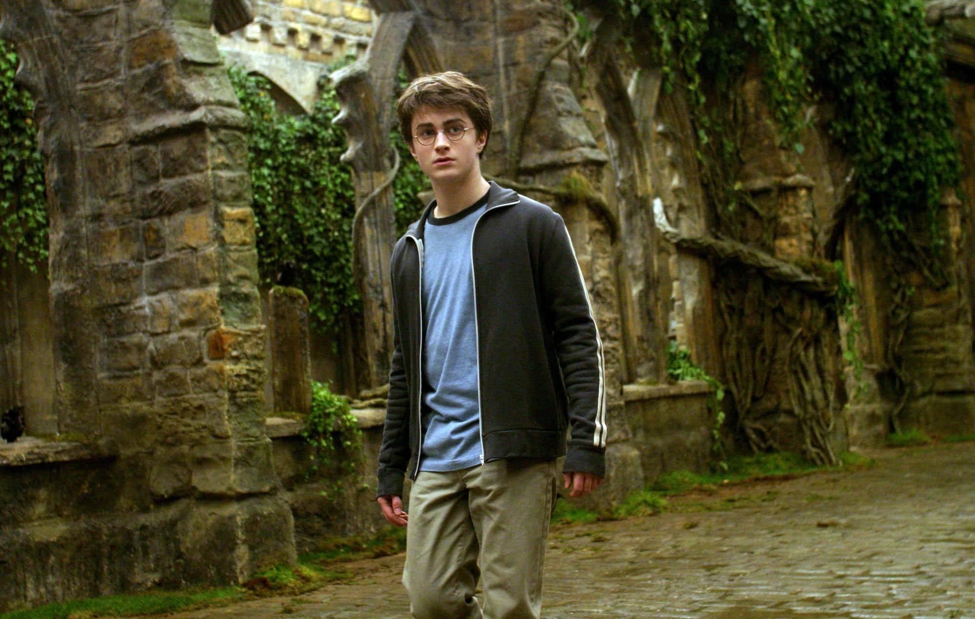 The Prisoner Of Azkaban 桌布 壁紙 — 一個戴眼鏡穿連帽衫的年輕男子走過一個雜草叢生、拱門爬滿常春藤的石頭廢墟。