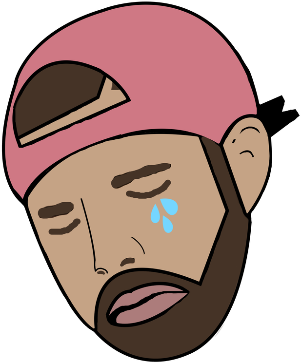 Drake 桌布 壁紙 — 一個戴粉紅色帽子和鬍鬚的卡通男人在黑色背景上閉著眼睛流藍色眼淚。