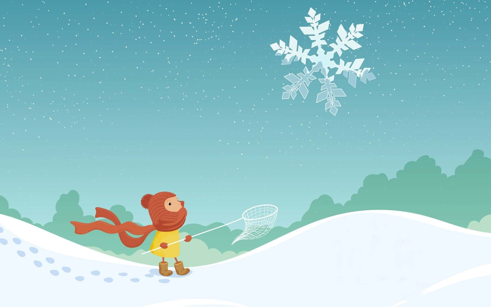 雪 桌布 壁紙 — 一個戴紅圍巾、穿黃色外套的小孩在雪地冬日景觀中用網捕捉巨大的雪花。