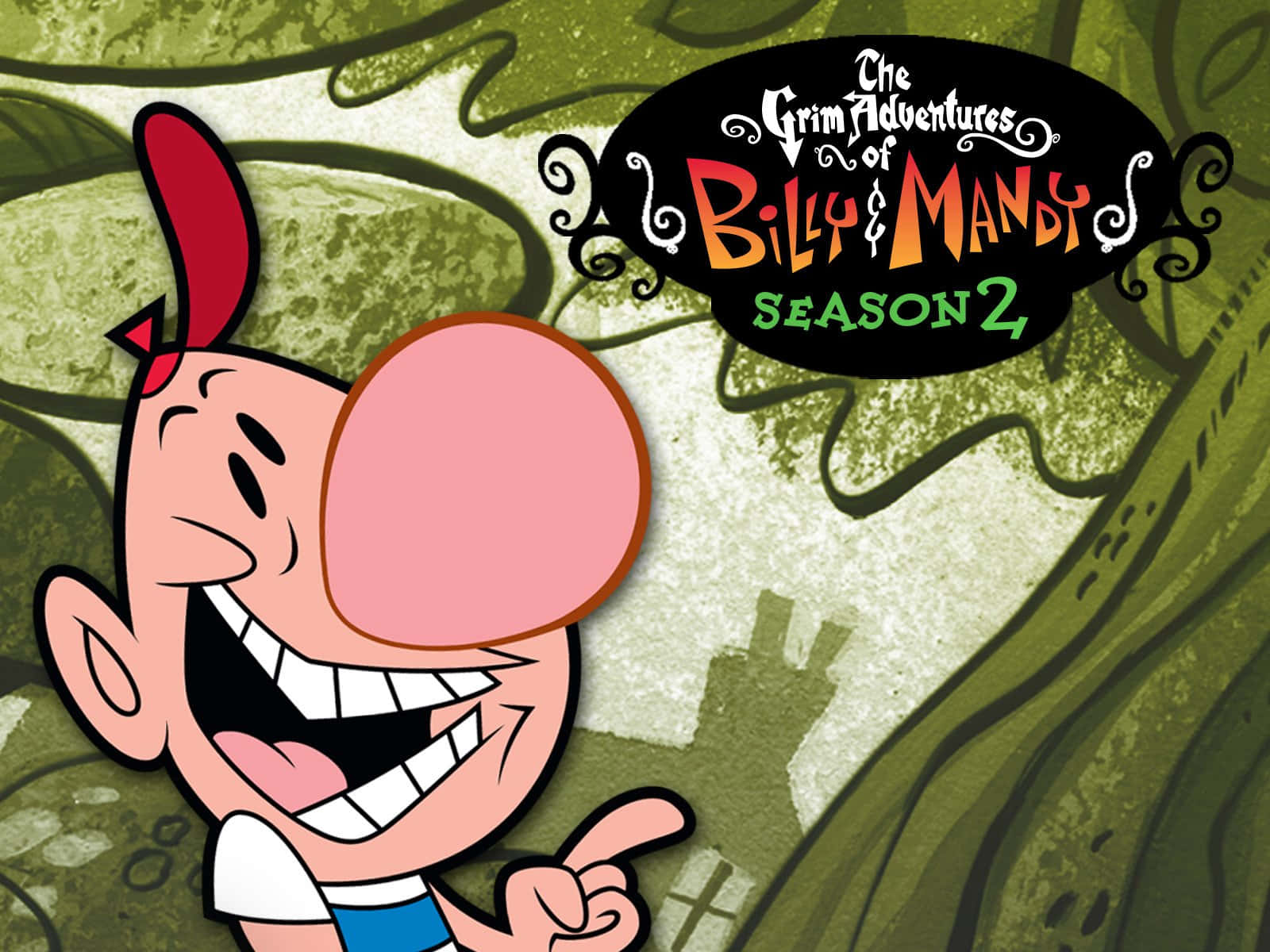 the grim adventures of billy and mandy 桌布 壁紙 — 一個戴紅帽、大鼻子的卡通男孩，在綠色樹葉背景前，伴隨節目名稱，咧嘴大笑。