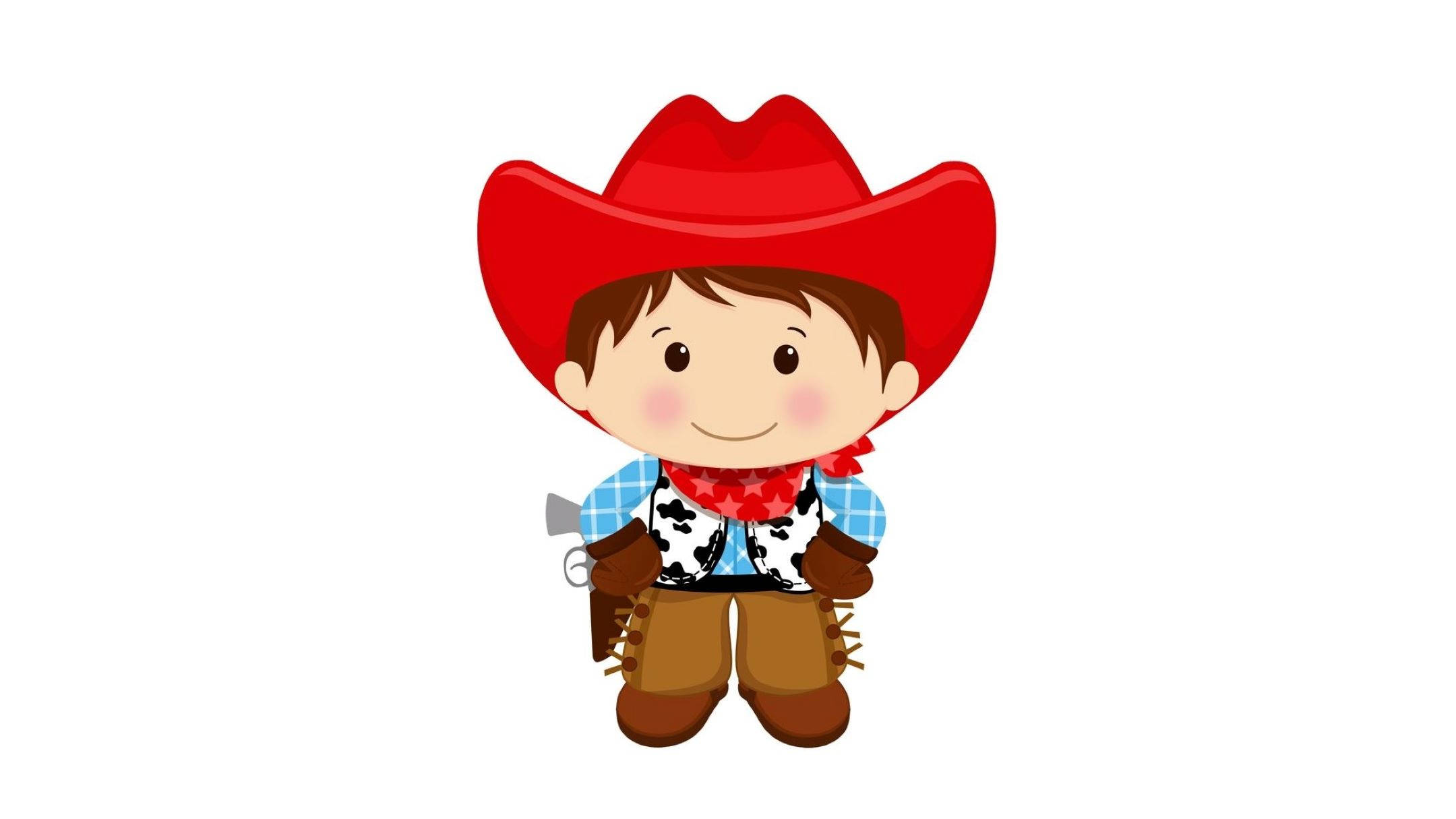 Cowboy 桌布 壁紙 — 一個戴紅帽、穿星星圖案背心的卡通牛仔小孩，在純白背景上微笑站立。