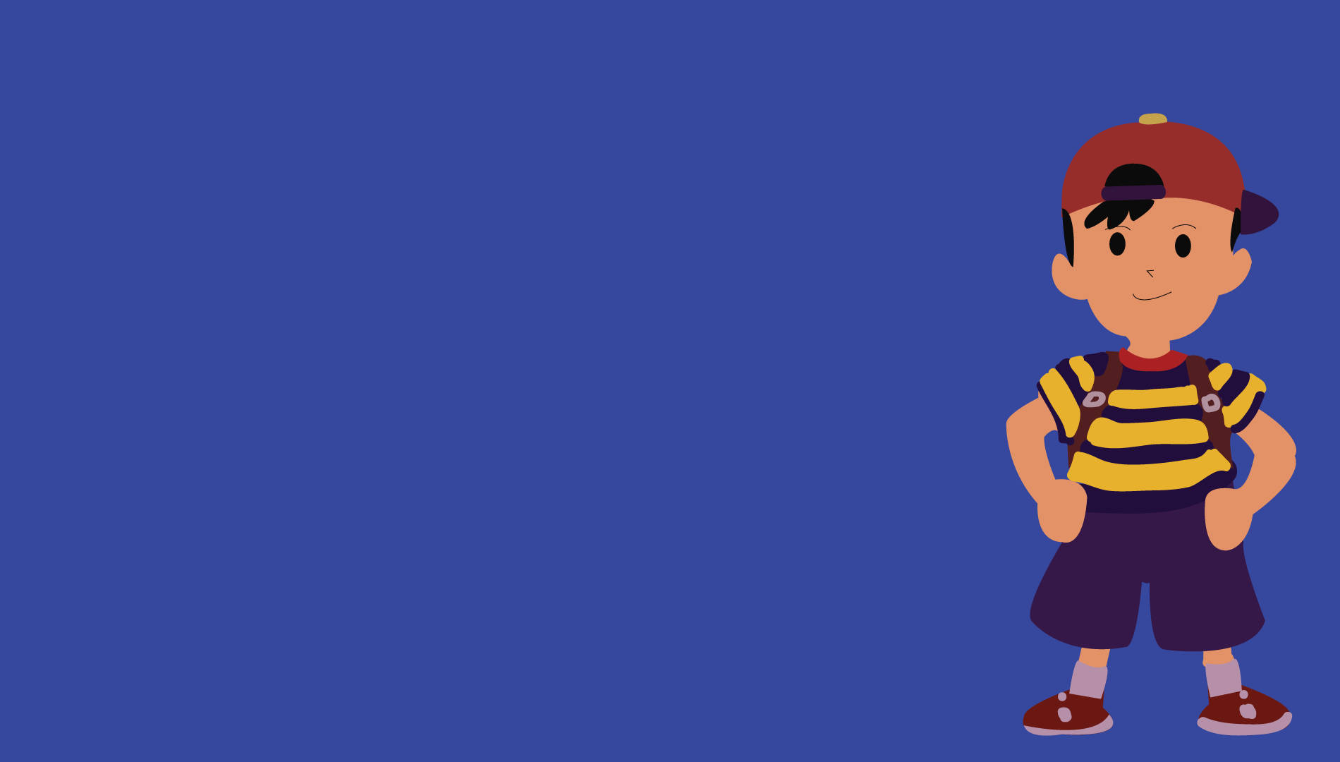 Earthbound 桌布 壁紙 — 一個戴紅帽、穿條紋衫的開朗卡通男孩，自信地站在純藍色背景前。