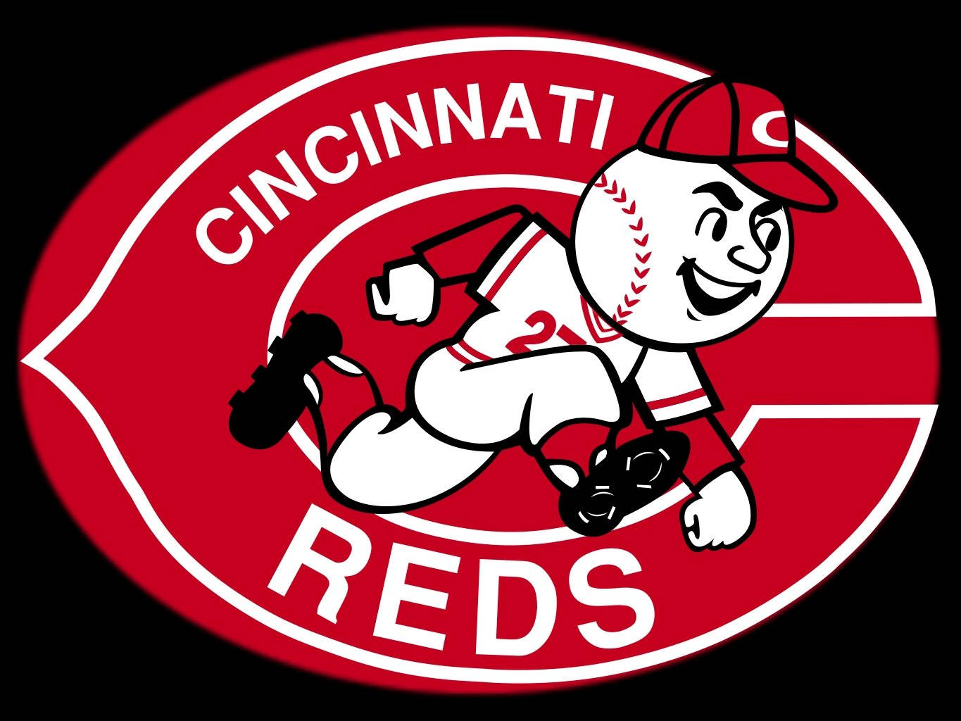 Reds 桌布 壁紙 — 一個戴紅帽、穿白色球衣的開心卡通棒球運動員，在一個帶有 'Cincinnati Reds' 文字的紅色橢圓標誌內奔跑。