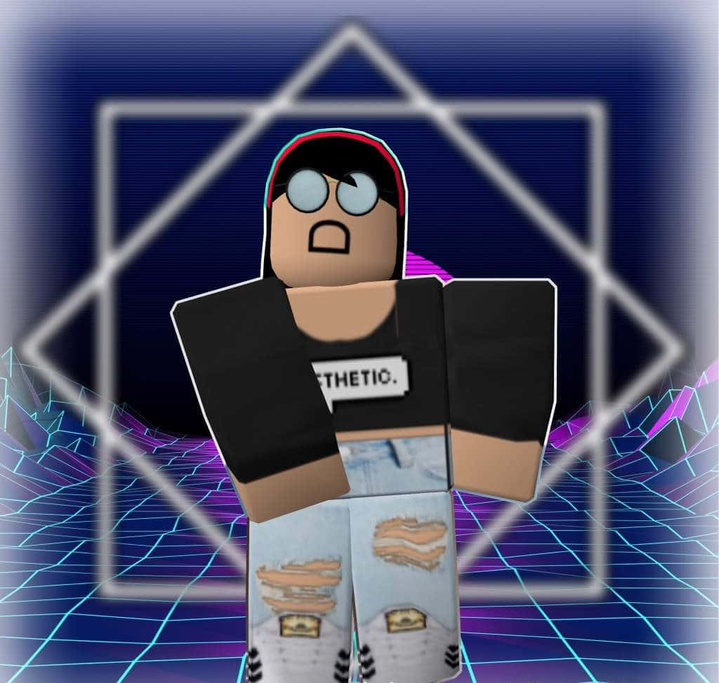Roblox Aesthetic 桌布 壁紙 — 一個戴紅帽、穿破洞牛仔褲的 Roblox 角色，站在深藍色背景上霓虹燈照亮的復古未來風格網格中。