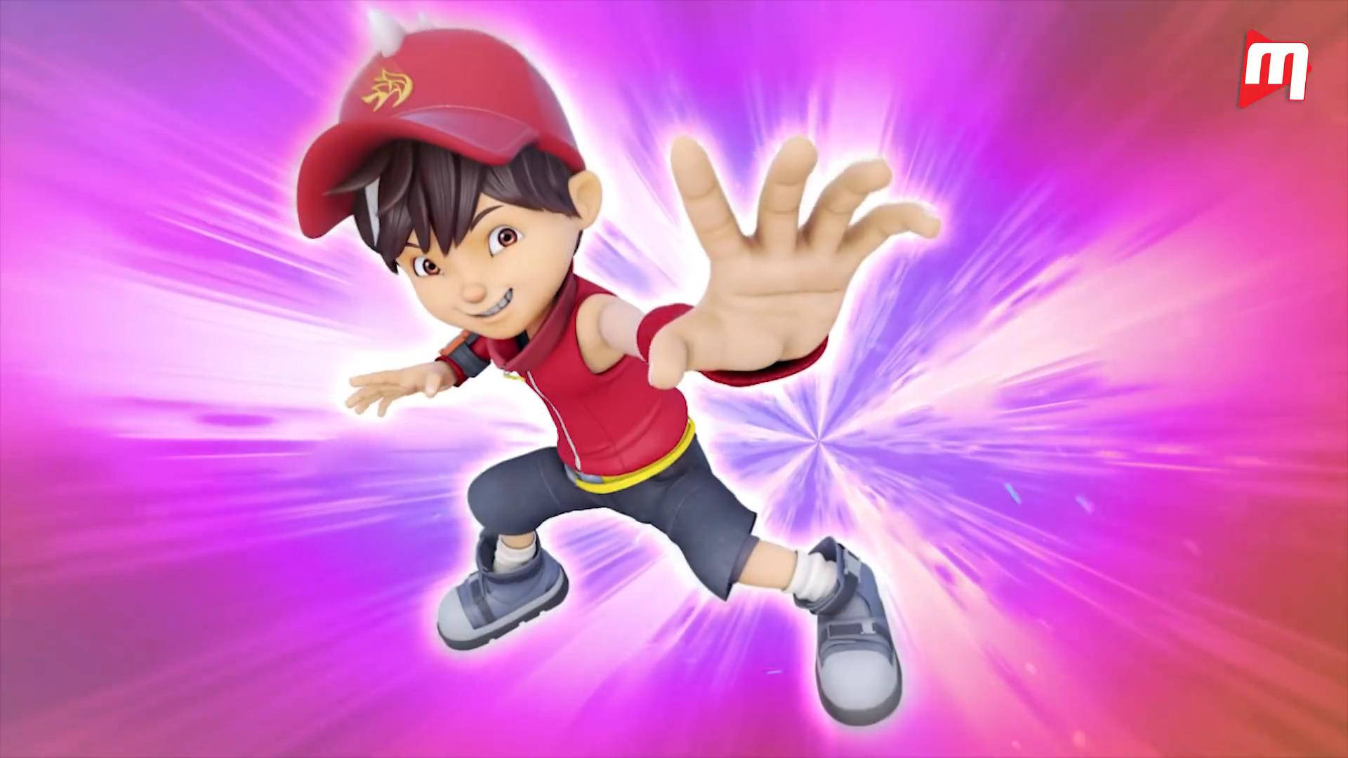 Cartoon Characters 桌布 壁紙 — 一個戴紅帽、穿紅衫的開心動畫男孩，在充滿活力的紫色和粉紅色能量爆發背景下，伸出雙手向前跳躍。
