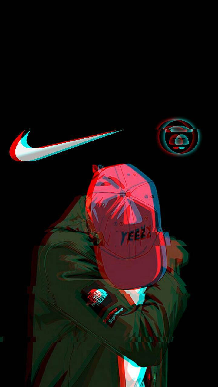 Nike 桌布 壁紙 — 一個戴紅帽、穿綠色外套的風格化人物，站在黑色背景前，背景有發光的品牌標誌。