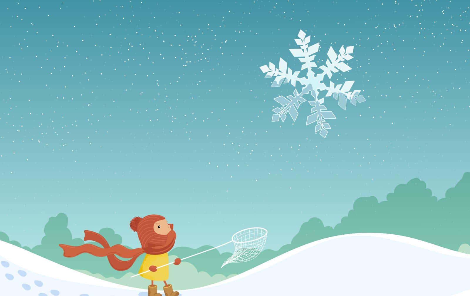 Snowing 桌布 壁紙 — 一個戴紅帽和圍巾的小孩在雪白的冬日風景中用網捕捉巨大的雪花。