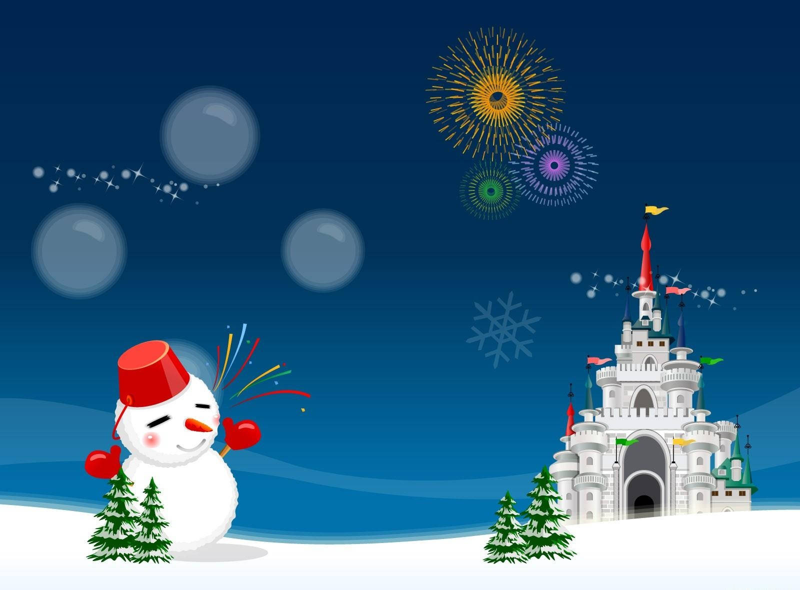 雪人 桌布 壁紙 — 一個戴紅帽和手套的快樂雪人，在雪城堡旁手持煙火，深藍色天空中有色彩繽紛的爆炸和雪花。