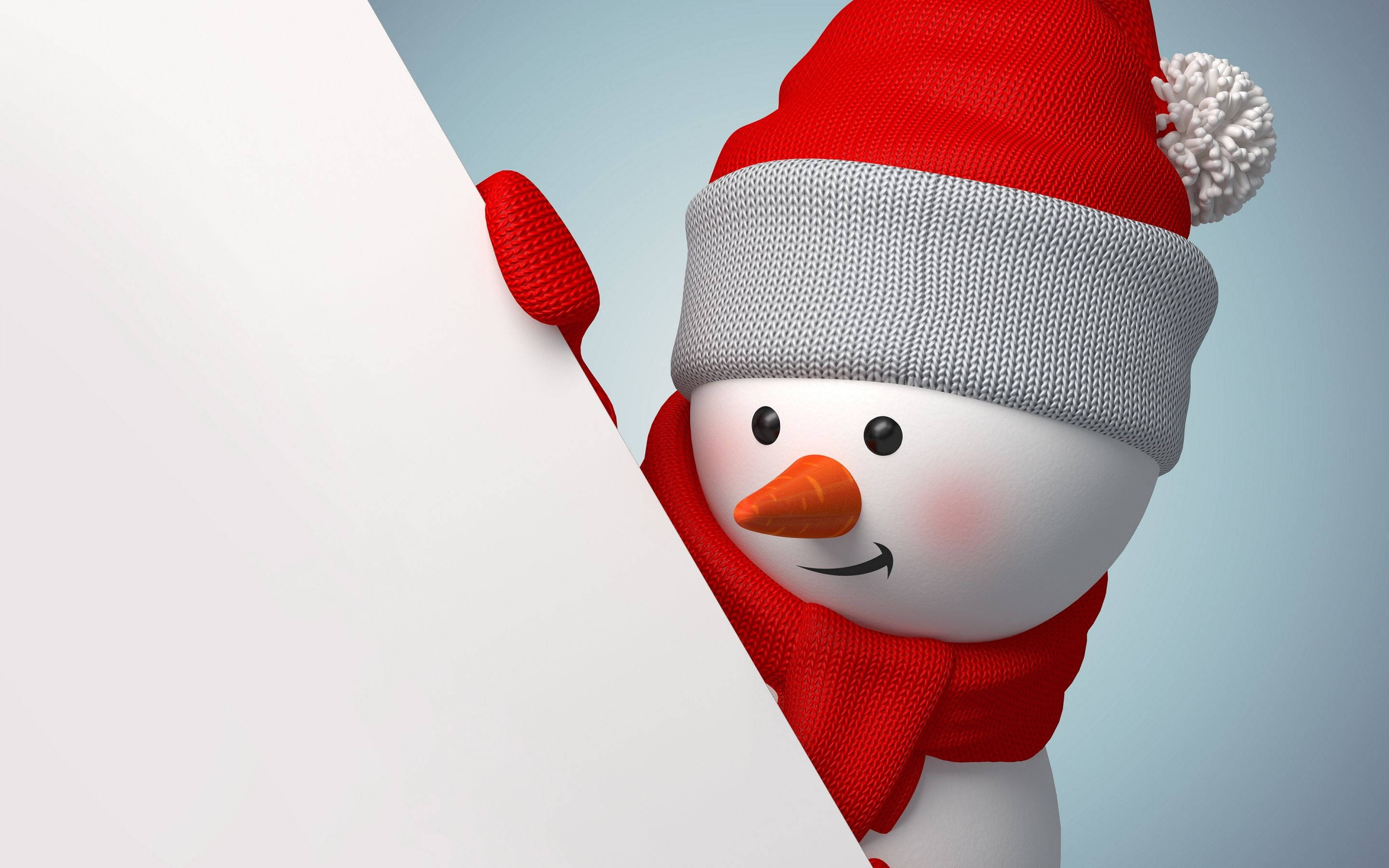 雪人 桌布 壁紙 — 一個戴紅帽和紅圍巾的開心3D渲染雪人，從白色板後探出頭來，背景是柔和的藍色。