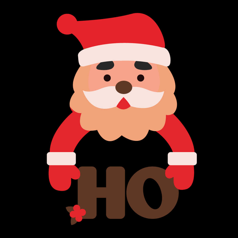 Santa 桌布 壁紙 — 一個戴紅帽和紅鬍鬚的平面卡通聖誕老人，在黑色背景上拿著字母HO。