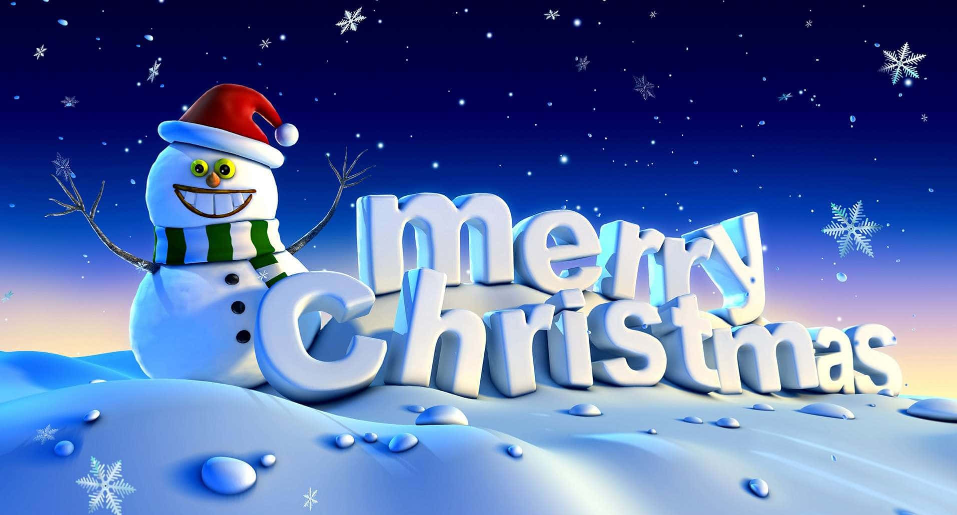 High Resolution Christmas 桌布 壁紙 — 一個戴紅帽和綠圍巾的快樂雪人站在閃爍的3D「聖誕快樂」字母旁，背景是繁星點點的冬夜天空。