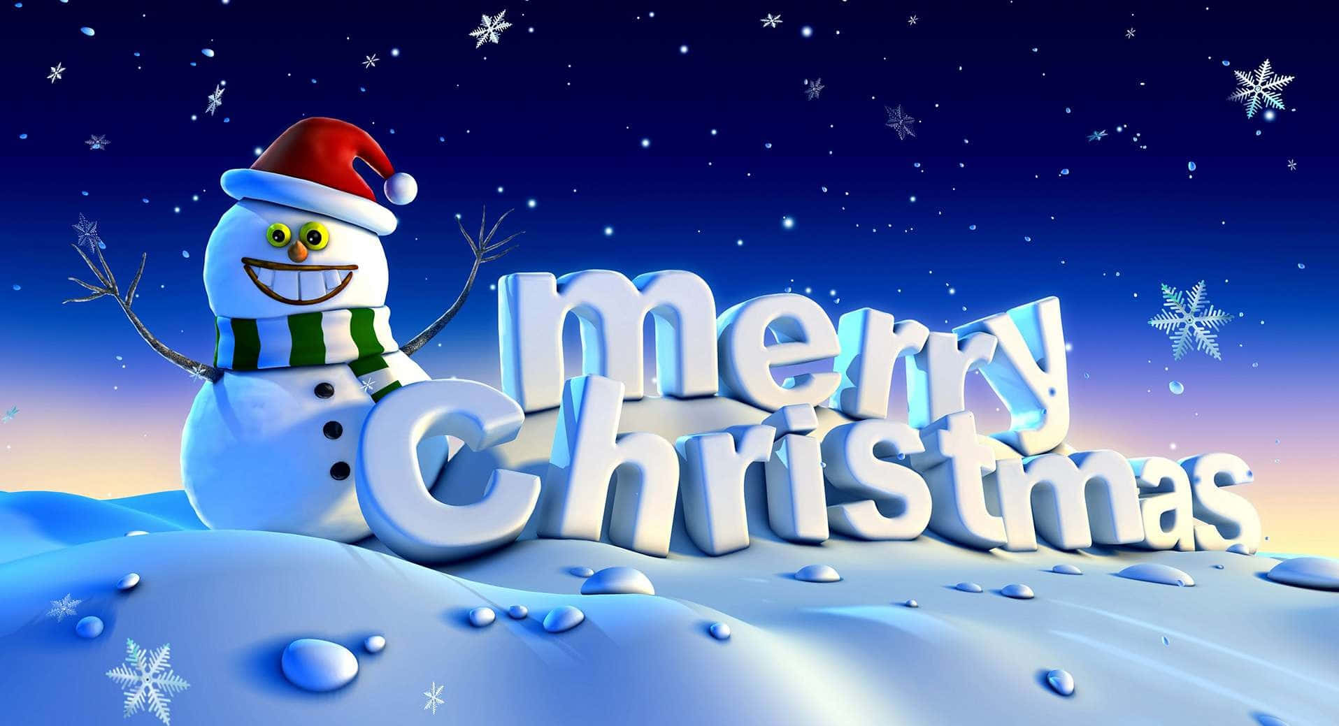 Christmas Card 桌布 壁紙 — 一個戴紅帽和綠圍巾的快樂雪人站在發光的3D字母旁邊，這些字母在繁星點點的冬日天空下拼出「聖誕快樂」。