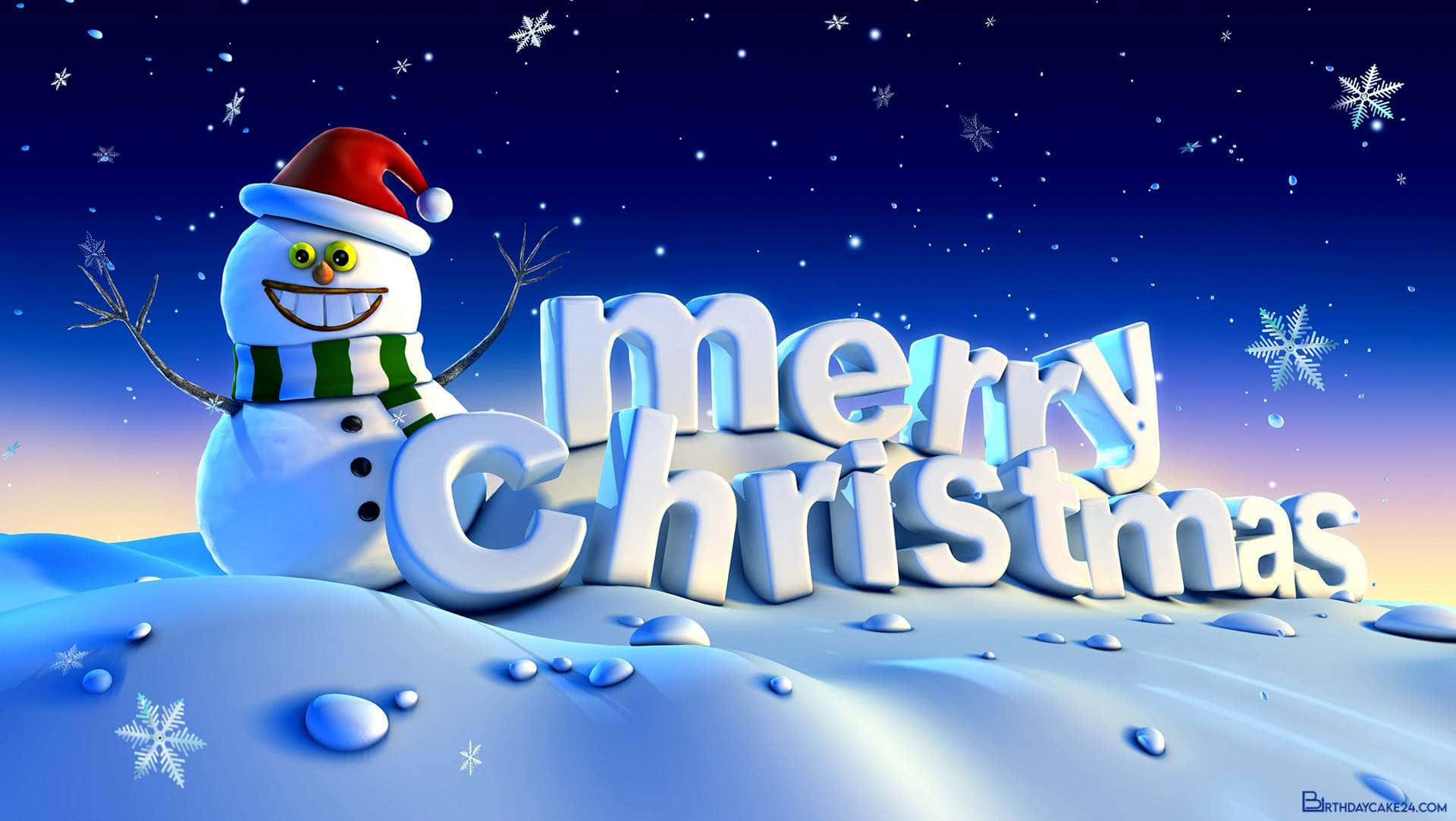 Cute Christmas Laptop 桌布 壁紙 — 一個戴紅帽和綠色圍巾的快樂雪人站在閃爍的3D「聖誕快樂」字母旁，背景是繁星點點的冬夜天空。
