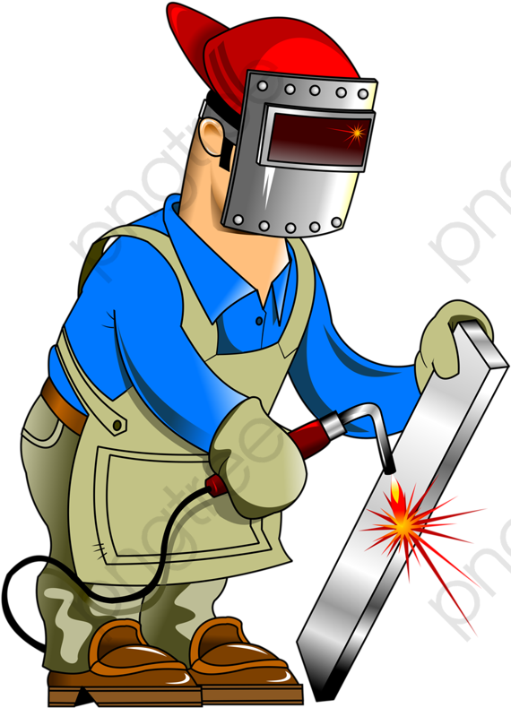 Renovation 桌布 壁紙 — 一個戴紅帽和銀色面具的卡通焊工，在黑色背景下焊接金屬樑時發出明亮火花。