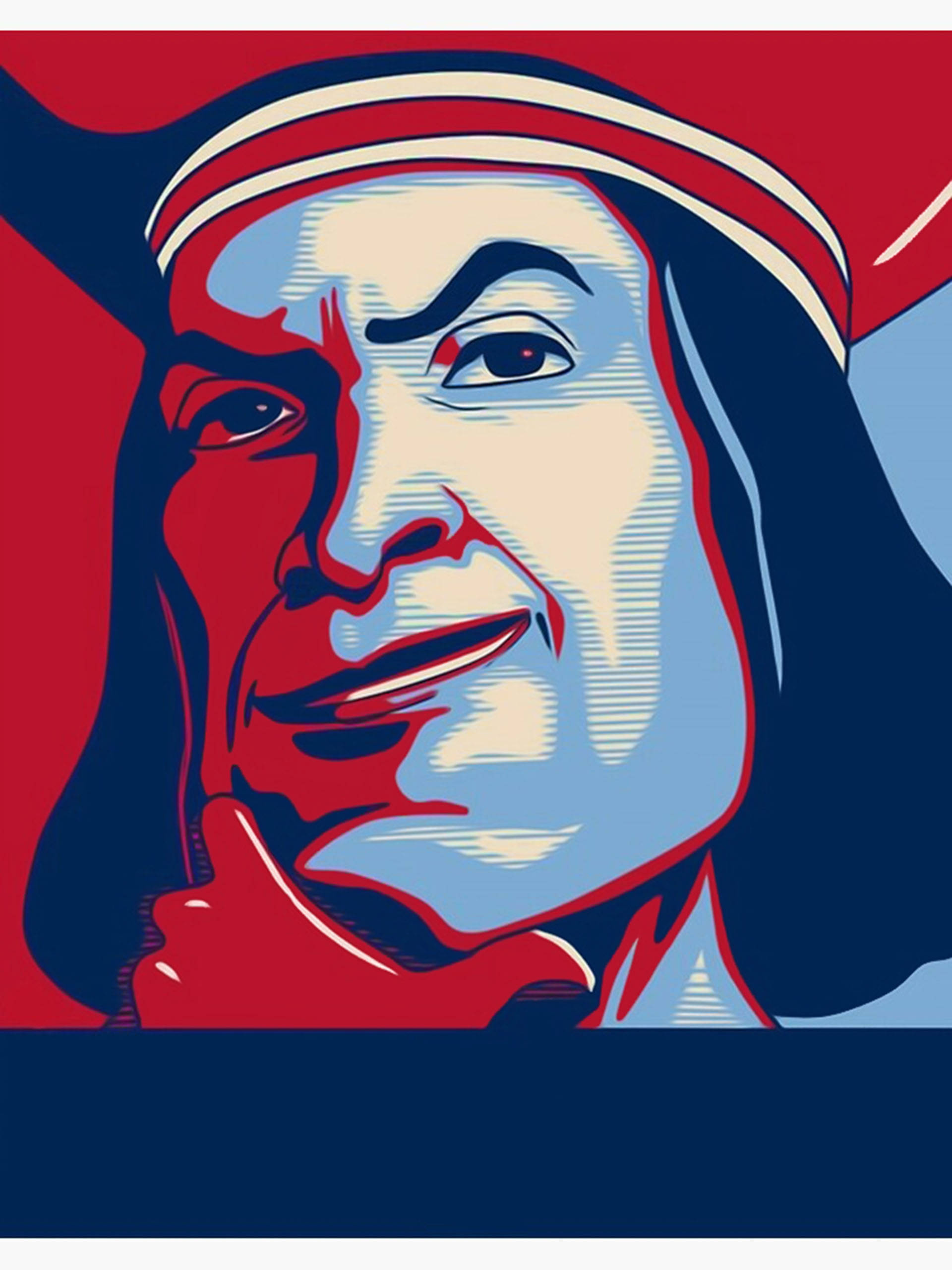 Lord Farquaad 桌布 壁紙 — 一個戴紅帽子的男士風格化肖像，採用大膽的紅色、藍色和奶油色以及半色調陰影。
