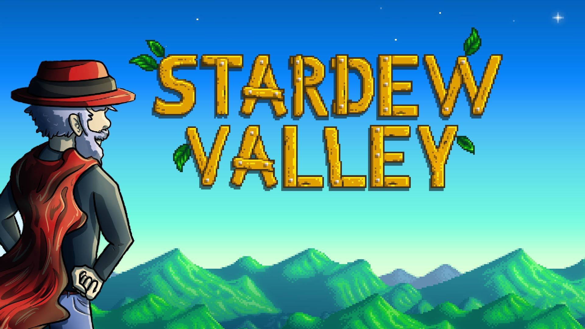 Valley 桌布 壁紙 — 一個戴紅帽的像素藝術農夫站在 Stardew Valley 標題前，背景是星空藍天和綠色山脈。