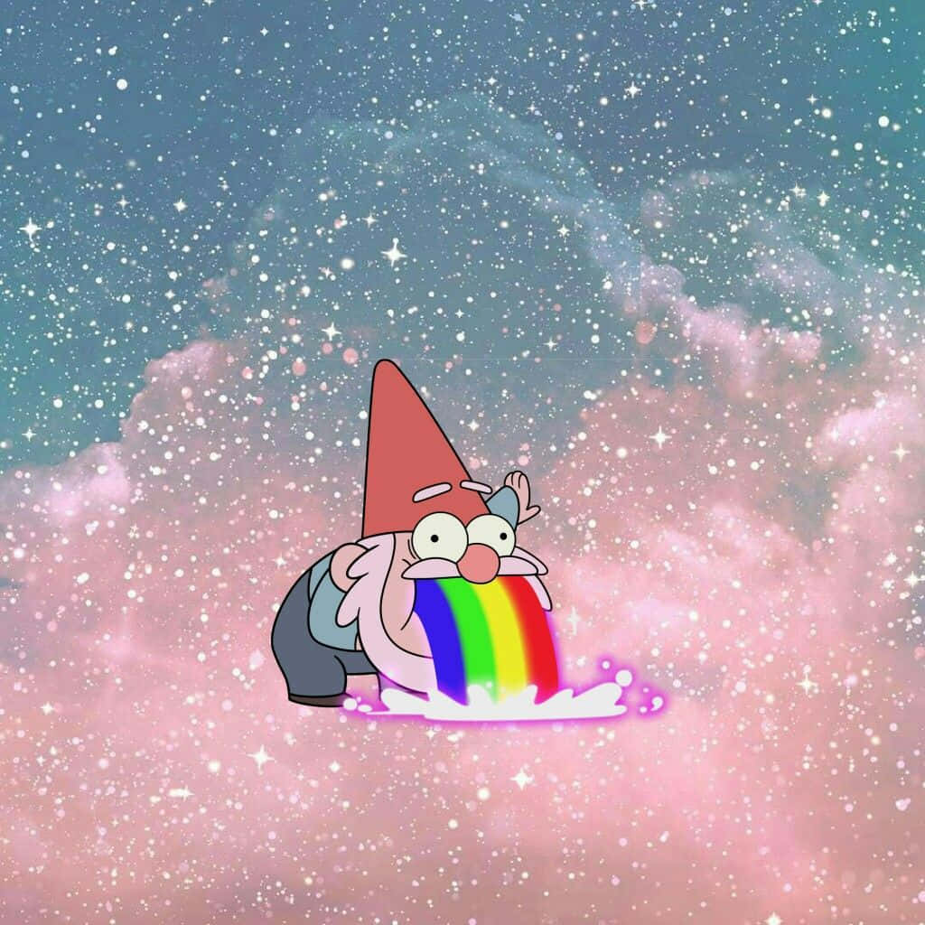 神秘小鎮大冒險 桌布 壁紙 — 一個戴紅帽的卡通地精在滿天星斗的粉藍色天空中噴出彩虹。