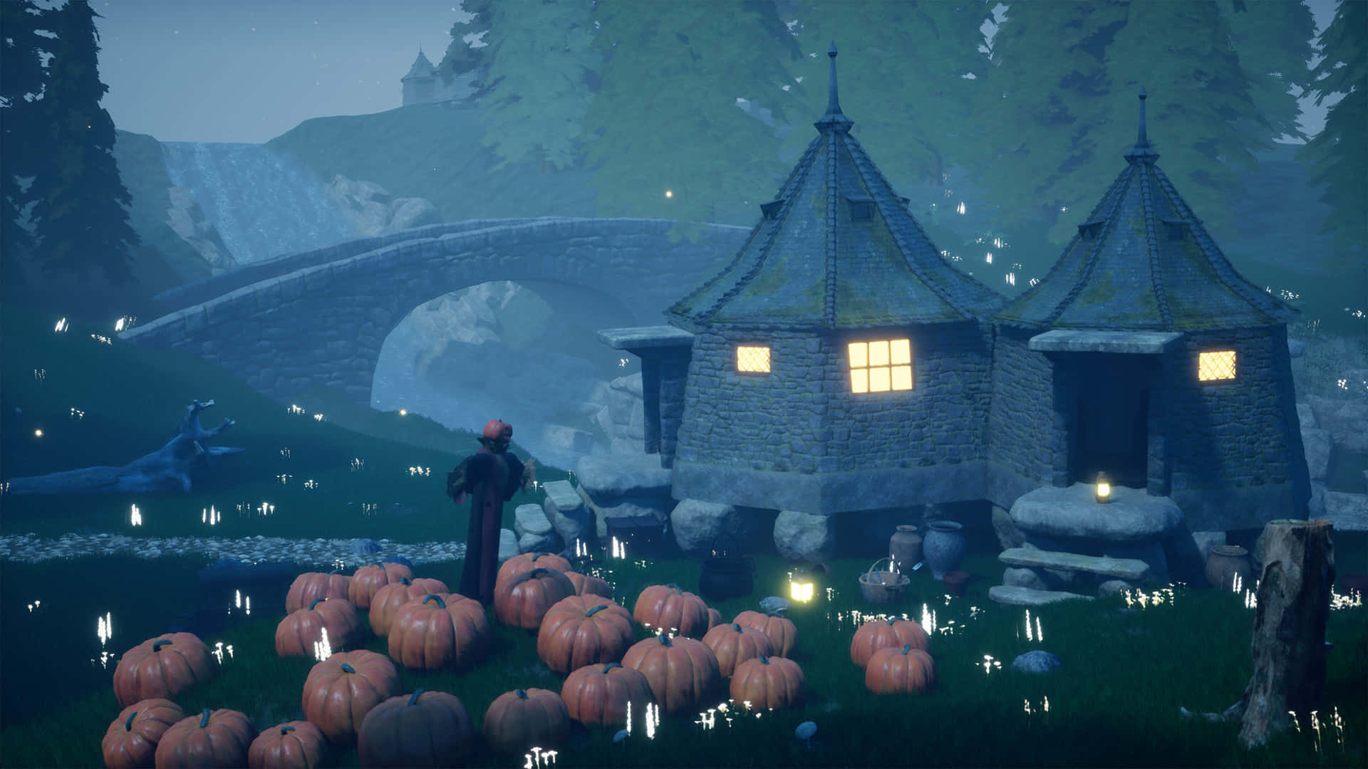Hagrid's Hut 桌布 壁紙 — 一個戴紅帽的孤獨身影站在一間石屋前，石屋散發溫暖光芒，周圍環繞著南瓜，背景是霧氣瀰漫的暮色天空。