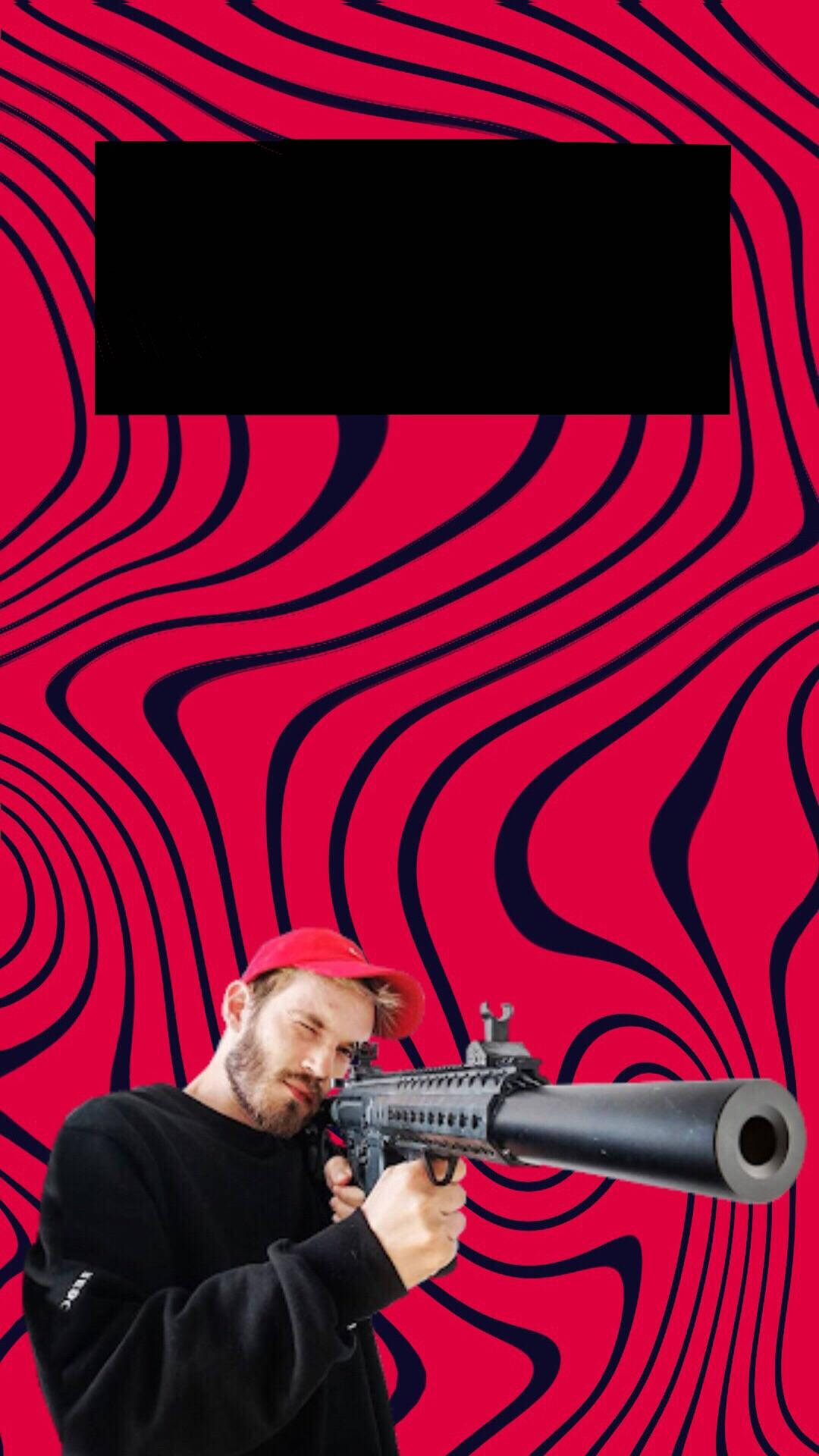 PewDiePie 桌布 壁紙 — 一個戴紅帽的男人瞄準步槍，背景是鮮明的紅色和黑色漩渦迷幻風格。