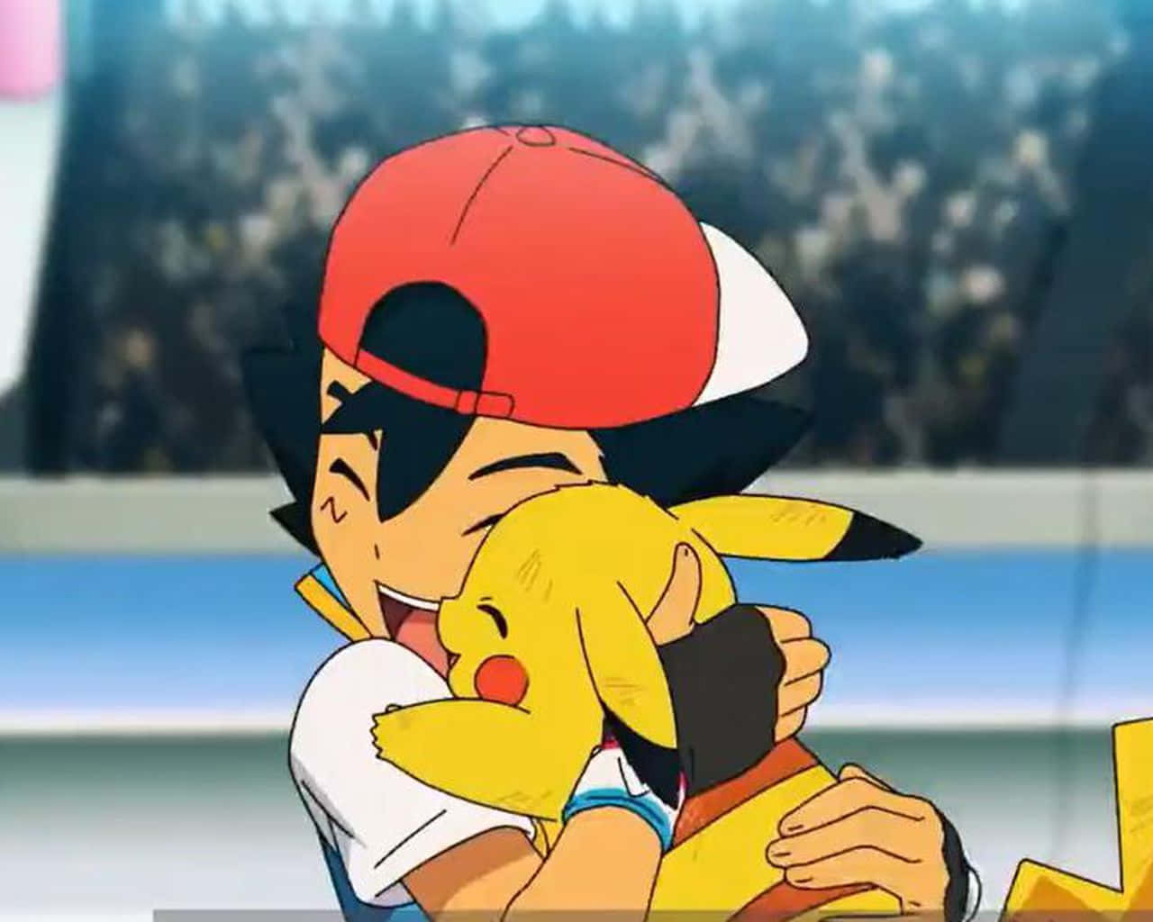 Pokemon Tv Shows 桌布 壁紙 — 一個戴紅帽的開心動畫男孩在擠滿歡呼人群的體育場裡緊緊抱著他的黃色皮卡丘。