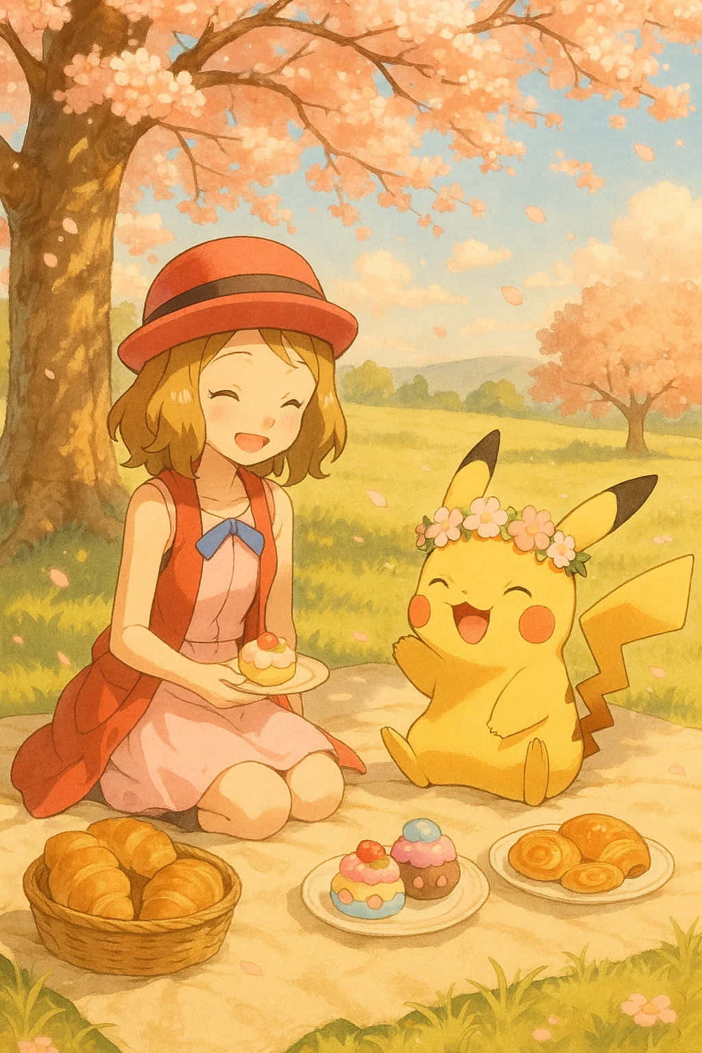 Pikachu HD Wallpaper WEBP 4K Background Download 壁紙 — 一個戴紅帽的開朗女孩在盛開的櫻花樹下與微笑的皮卡丘分享糕點。