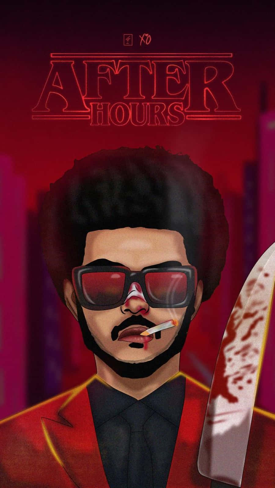 The Weeknd After Hours 桌布 壁紙 — 一個戴紅色太陽眼鏡、穿紅色西裝的時尚男子，在霓虹燈照亮的城市背景下手持一把血淋淋的刀。