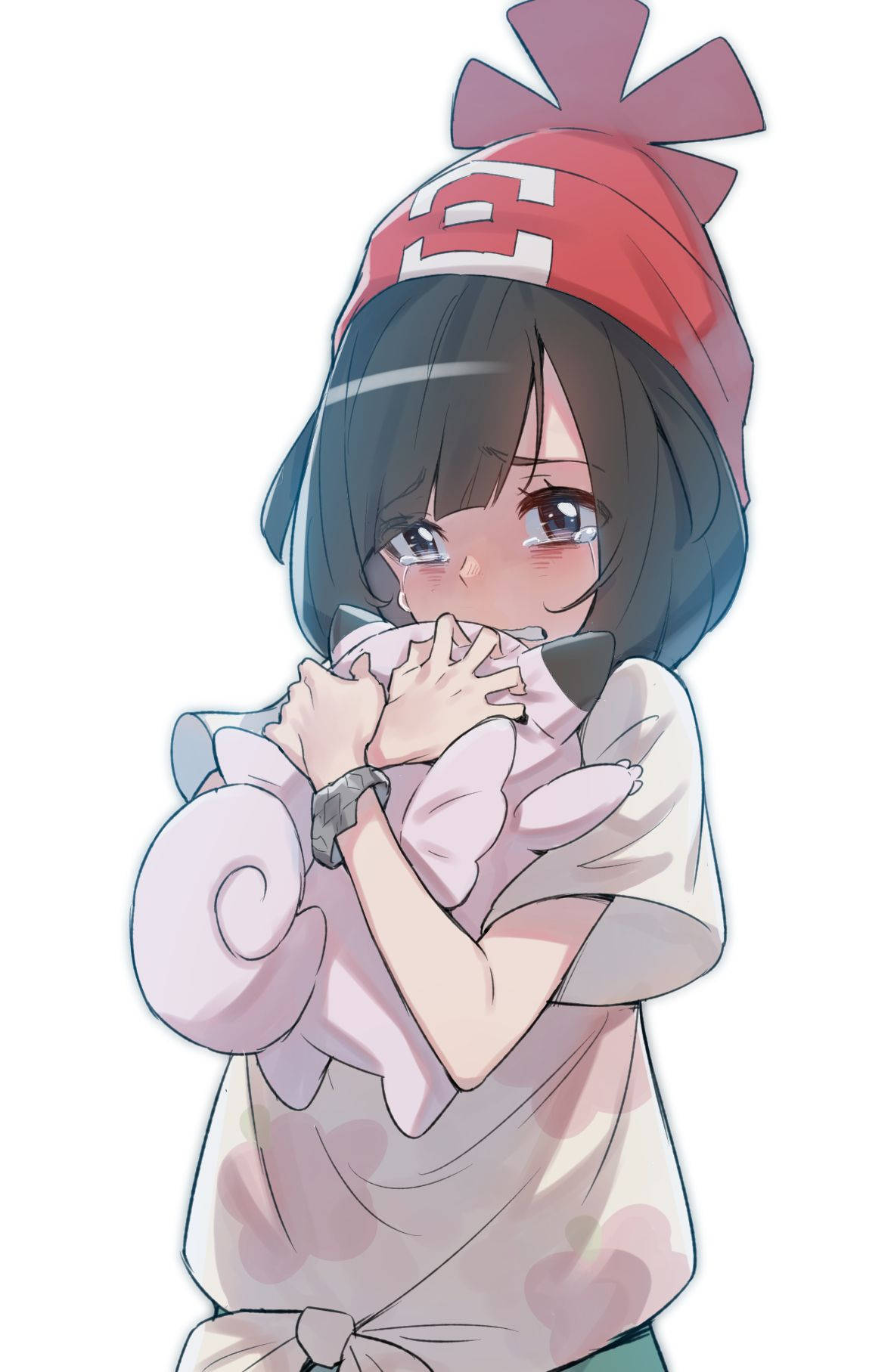 寶可夢 桌布 壁紙 — 一個戴紅色帽的可愛動漫女孩，在純白色背景前擁抱一隻帶有柔和紅暈和溫柔眼睛的粉紅色寶可夢。