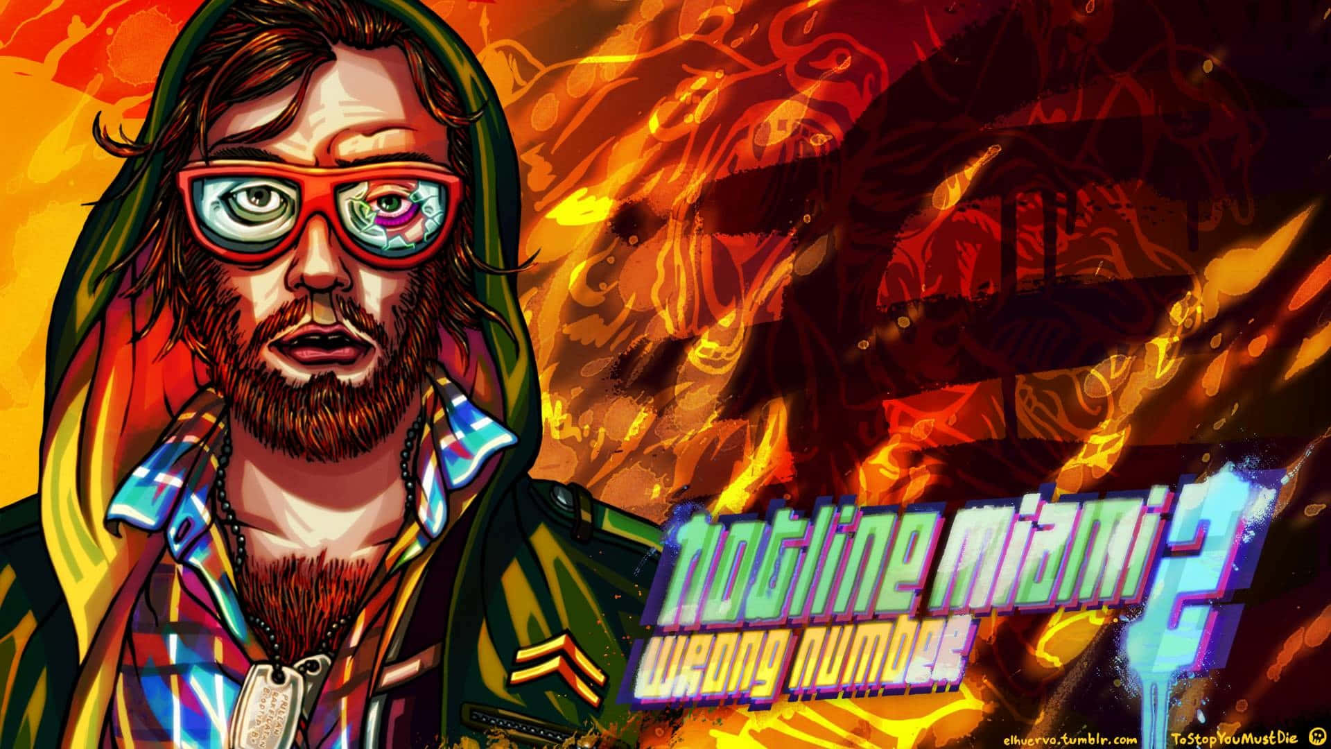 Hotline Miami 桌布 壁紙 — 一個戴紅色眼鏡和連帽衫的時尚男子，站在帶有塗鴉文字的熾熱橙色和黃色背景前。