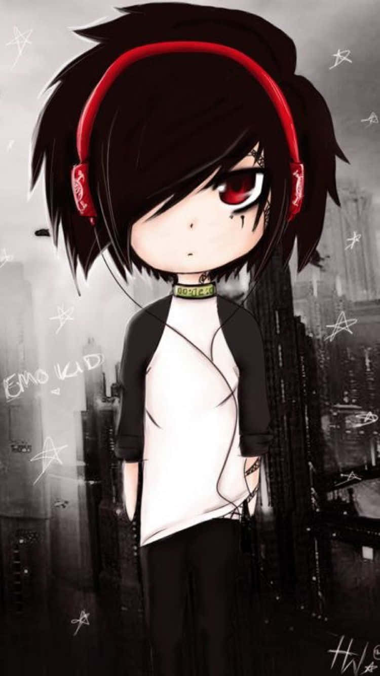 Emo Anime Boy 桌布 壁紙 — 一個戴紅色耳機、有一隻紅眼的Q版動漫Emo小孩，站在粗糙的城市背景前。