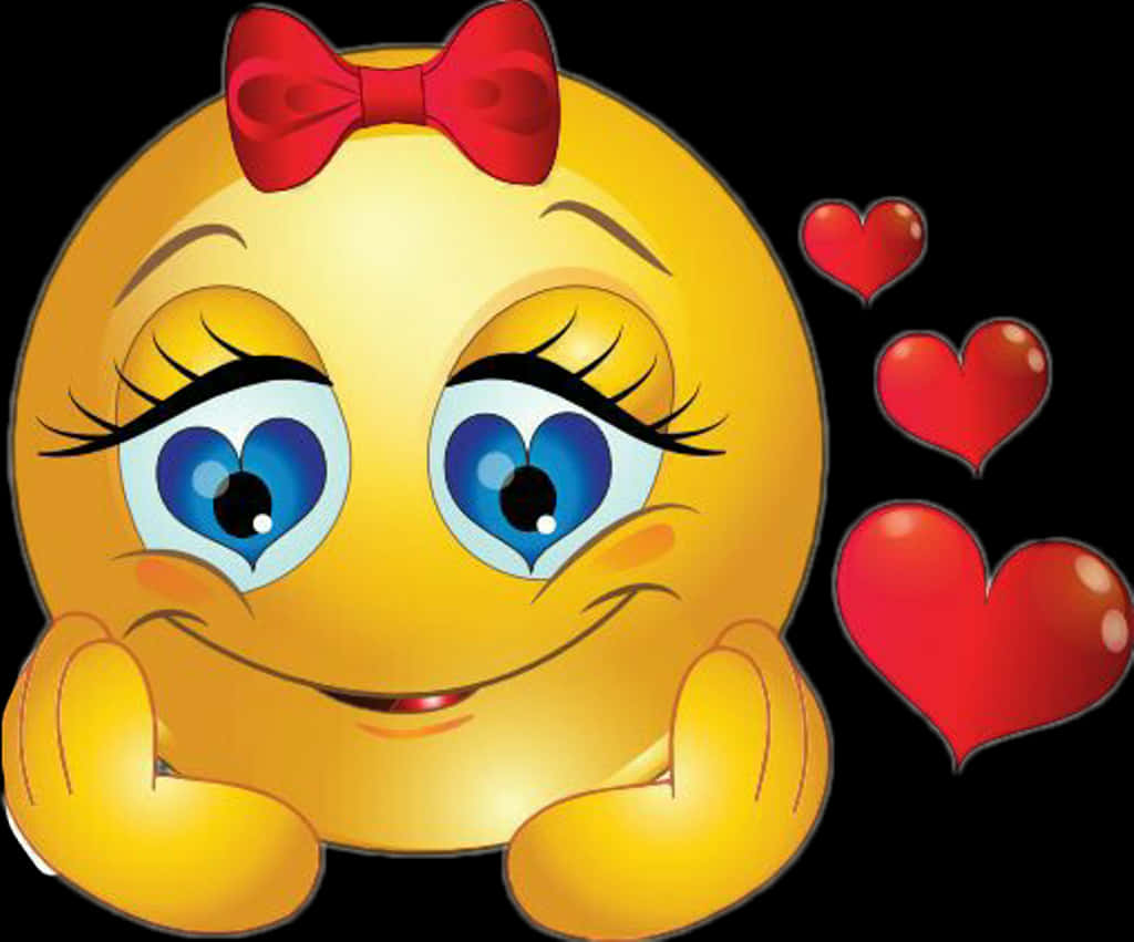 Love Emoji 桌布 壁紙 — 一個戴紅色蝴蝶結、心形眼睛的開心黃色表情符號女孩，在漂浮的紅色愛心包圍下微笑。