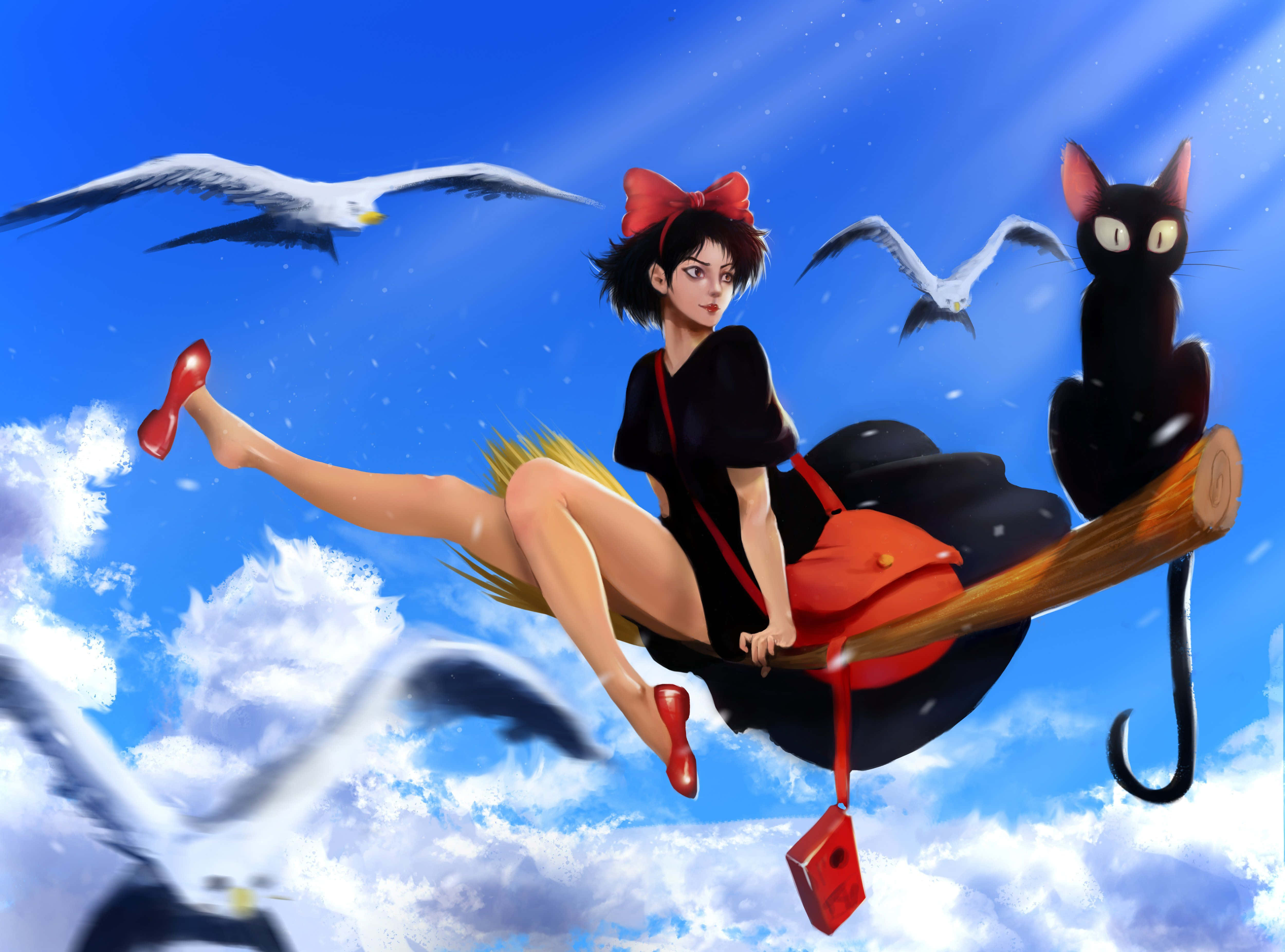 Jiji Cat 桌布 壁紙 — 一個戴紅色蝴蝶結的女孩騎著掃帚飛過明亮的藍天，旁邊有海鷗和一隻黑貓。