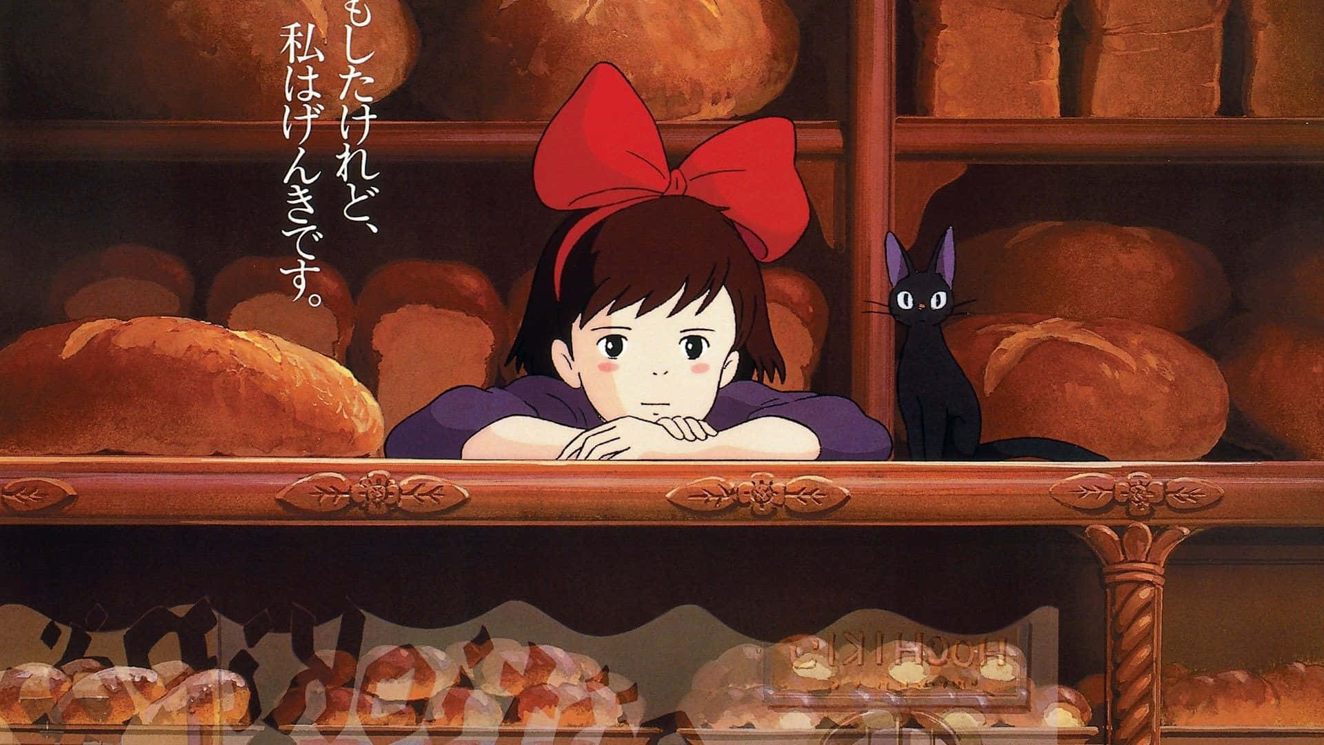 Jiji Cat 桌布 壁紙 — 一個戴紅色蝴蝶結的小女孩和一隻黑貓，在被金黃色麵包包圍的麵包店櫃檯上探頭張望。