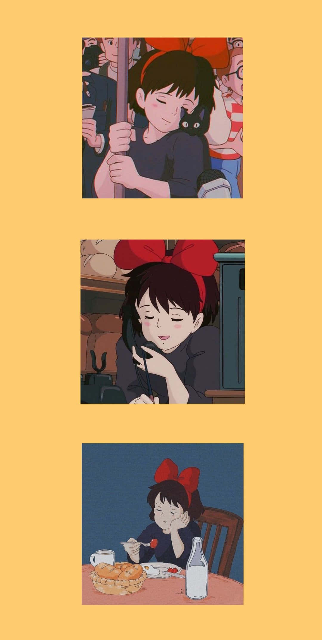 Aesthetic Ghibli 桌布 壁紙 — 一個戴紅色蝴蝶結的小女孩獨自在溫暖燈光的房間裡的桌子上吃早餐。