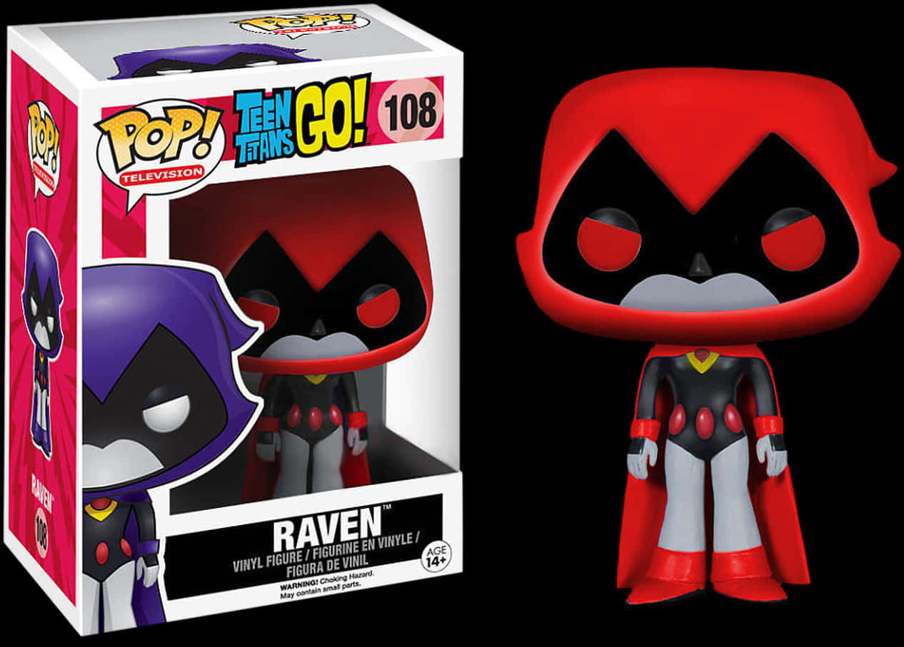 Teen Titans Go Raven 桌布 壁紙 — 一個戴紅色連帽的Raven Funko Pop! 乙烯基人偶站在她的收藏盒旁邊，背景為黑色。
