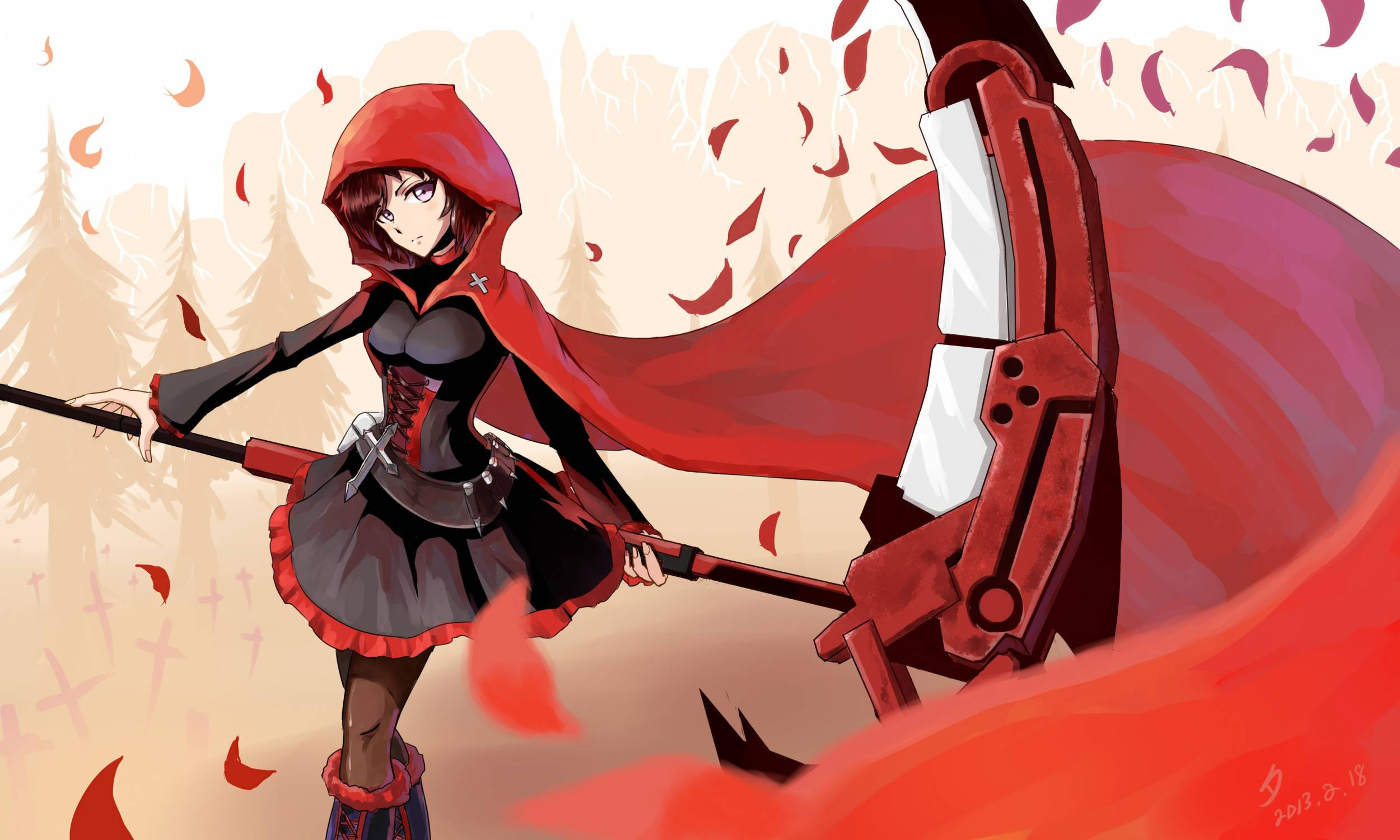 Rwby 桌布 壁紙 — 一個戴紅色連帽的動漫女孩在森林中揮舞著一把大型機械鐮刀，周圍紅葉飄落。