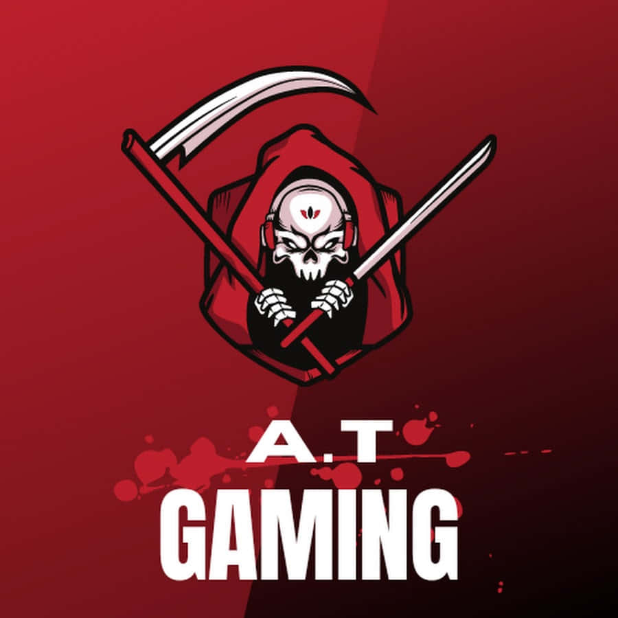 Game Art 桌布 壁紙 — 一個戴紅色連帽衫的可怕骷髏，在漸變紅色背景上握著鐮刀和劍，並帶有 'A.T GAMING' 文字。