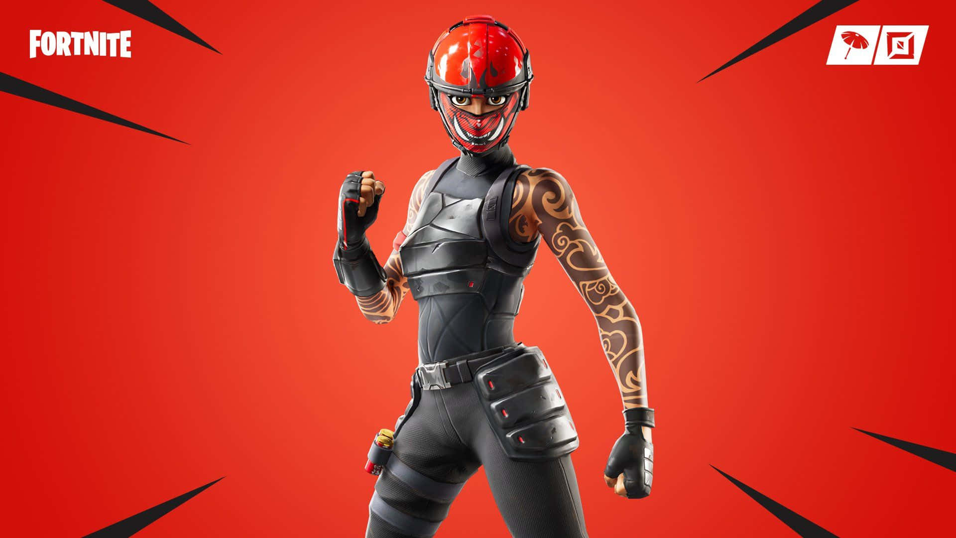 Fortnite Character 桌布 壁紙 — 一個戴紅色頭盔、身穿黑色戰術裝備、帶有金色紋身的Fortnite角色，在帶有黑色尖刺的醒目紅色背景前自信地擺姿勢。