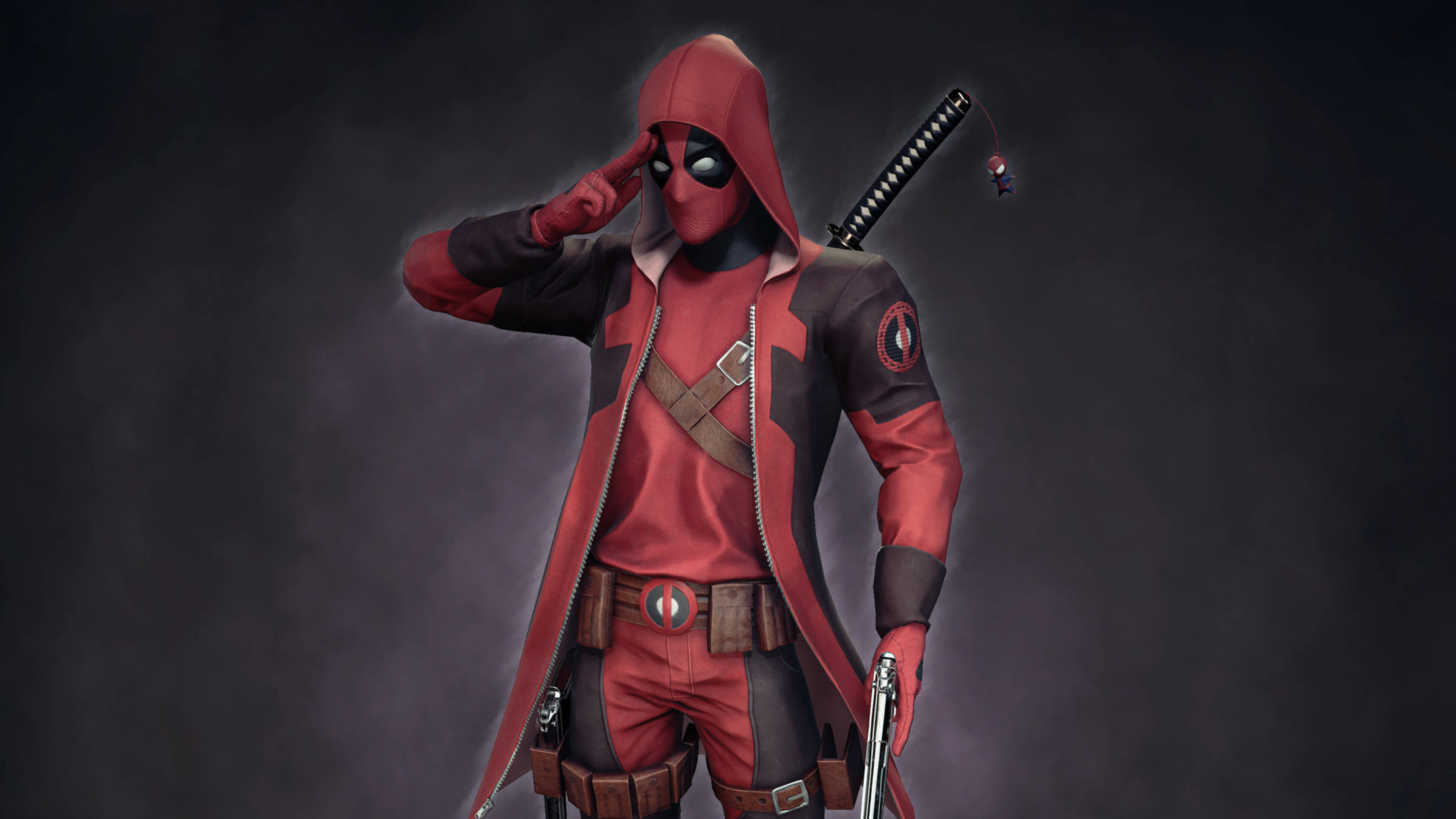 4K deadpool 桌布 壁紙 — 一個戴紅色頭罩的死侍，背著武士刀，在黑暗煙霧背景中敬禮。