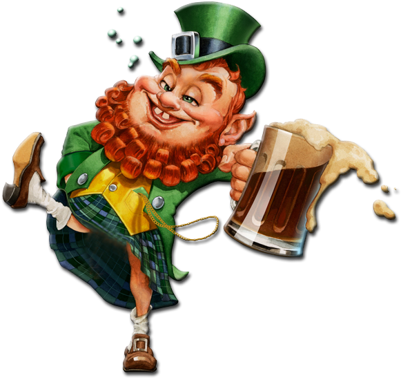 Drunk 桌布 壁紙 — 一個戴綠帽、穿格子裙的快樂小妖精，一邊跳舞一邊自豪地舉起一杯泡沫啤酒。